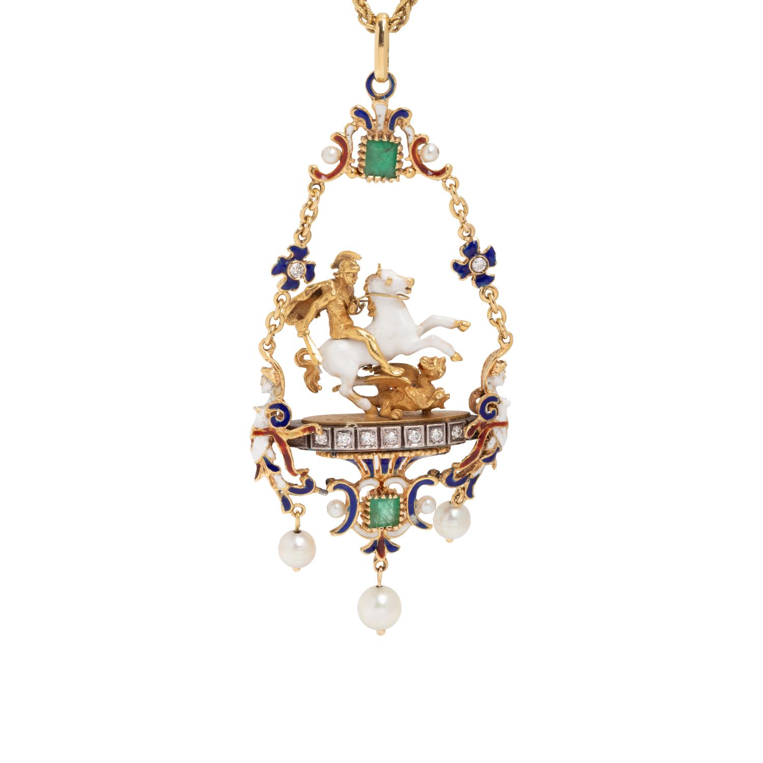 DIAMOND, GEMSTONE AND POLYCHROME ENAMEL 'SAINT GEORGE SLAYING THE DRAGON' PENDANT/NECKLACE