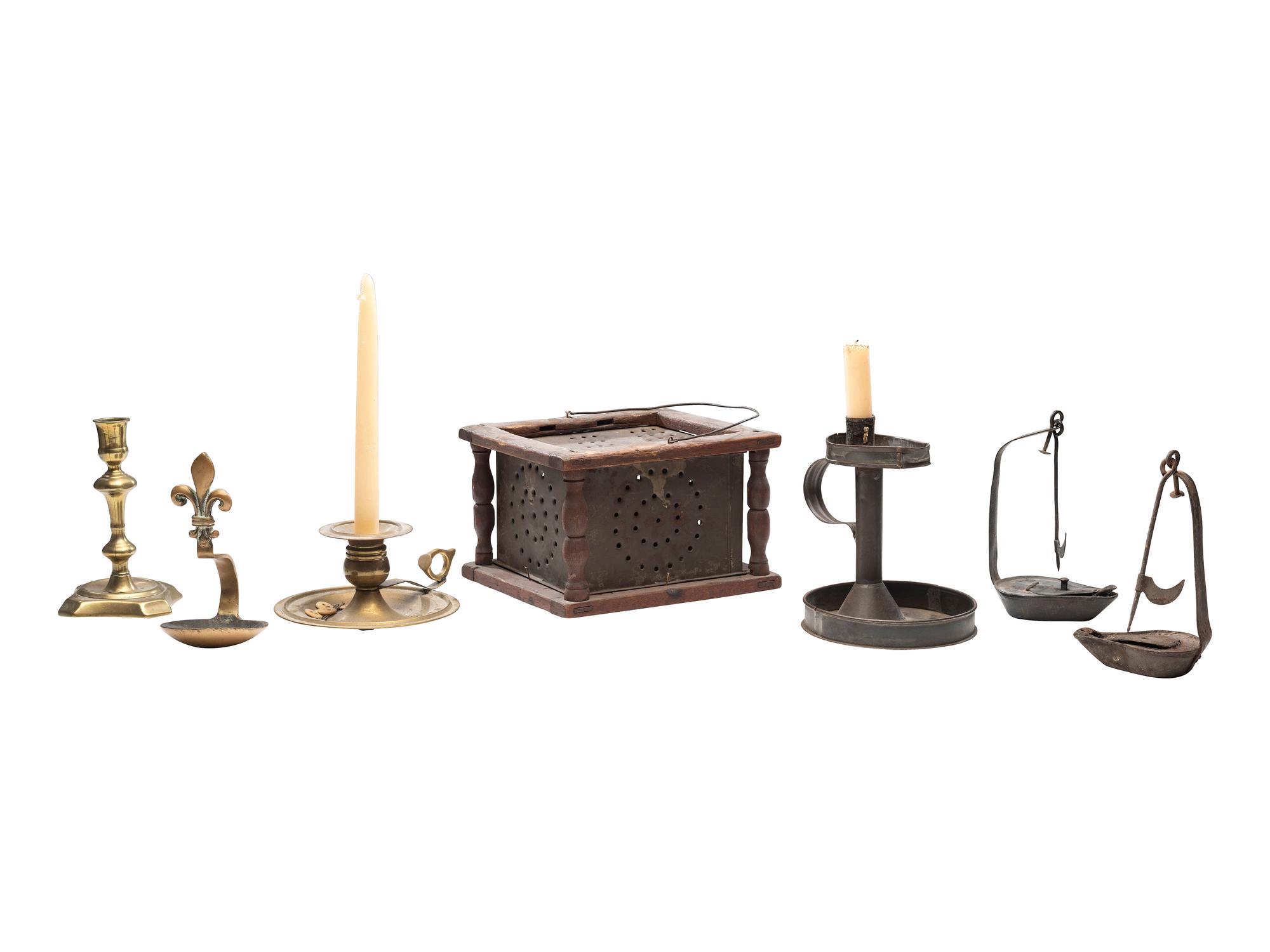 [AMERICANA]. A group of lighting implements and a footstool. Ca 18th - early 19th century.