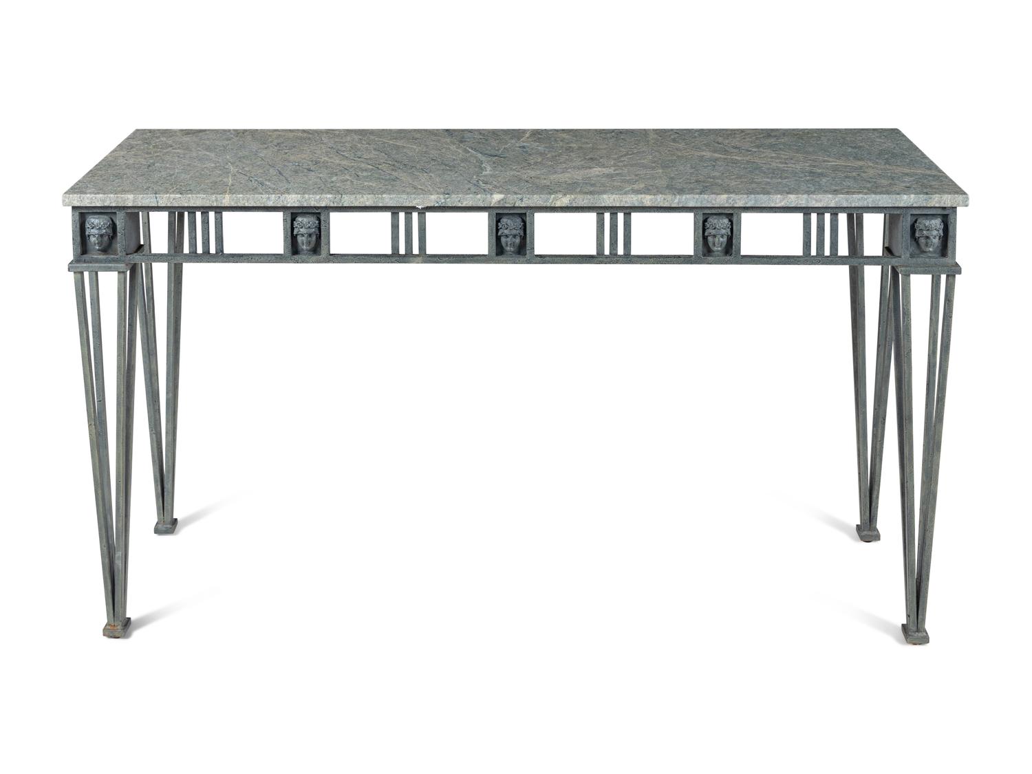 A Contemporary Patinated Metal and Marble-Top Console Table