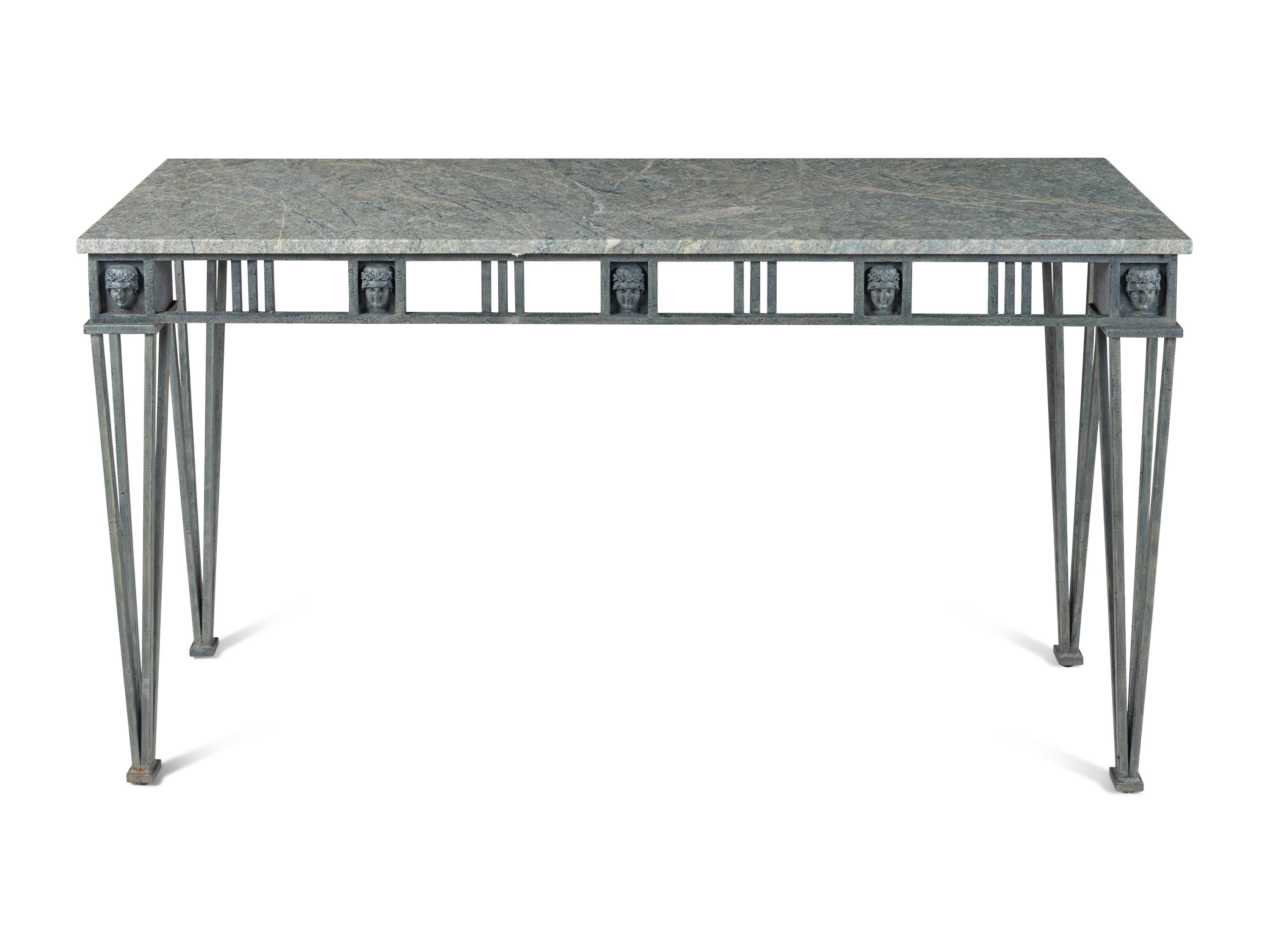 A Contemporary Patinated Metal and Marble-Top Console Table