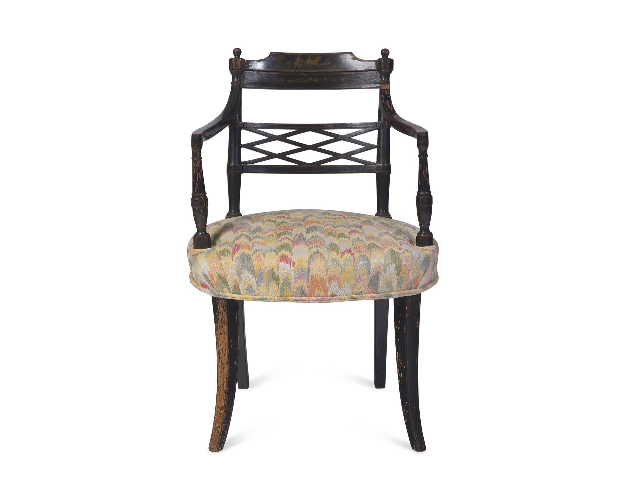 A Pair of Regency Ebonized and Grisaille-Decorated Armchairs