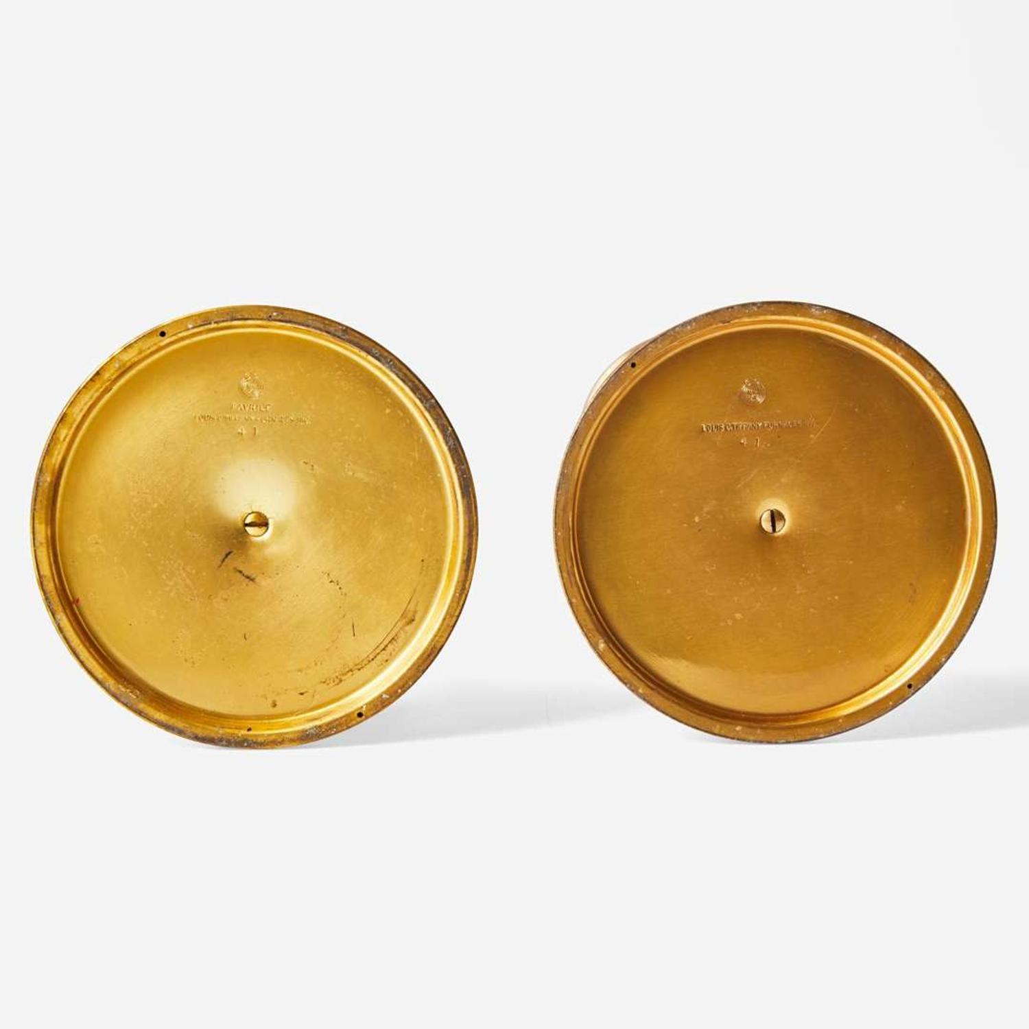 Louis C. Tiffany Furnaces, Inc. (American, active 1920-1928) Two Red or Pink Glass and Enamel Candlesticks, New York, NY, 1920s