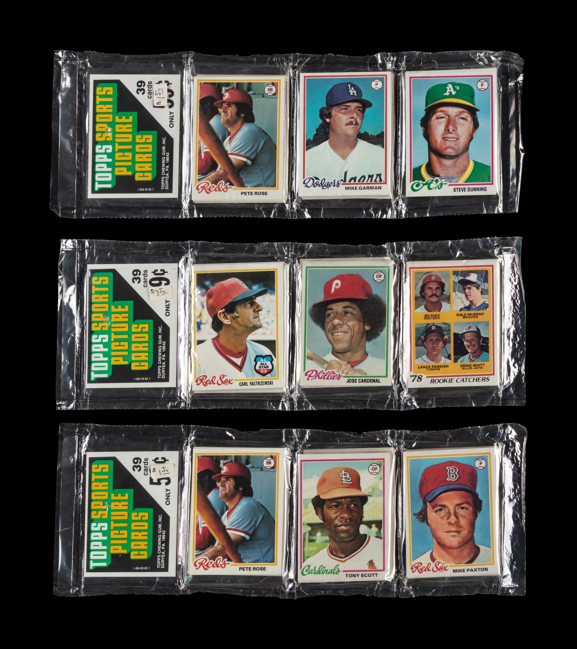 A Collection of Three Unopened 1978 Topps Baseball Card Rack Packs with Pete Rose and Carl Yastrzemski Cards Visible