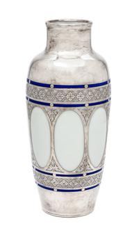 A Silver Overlay Porcelain Vase Height 7 1/4 inches.