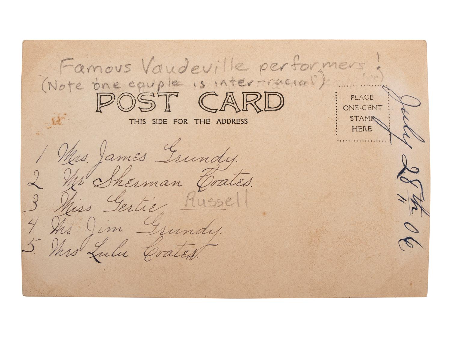[AFRICAN AMERICANA]--[ENTERTAINMENT]. Real photo postcard of identified Vaudevillle entertainers, incl. interracial couple Sherman and Lulu Coates. 28 July 1906.