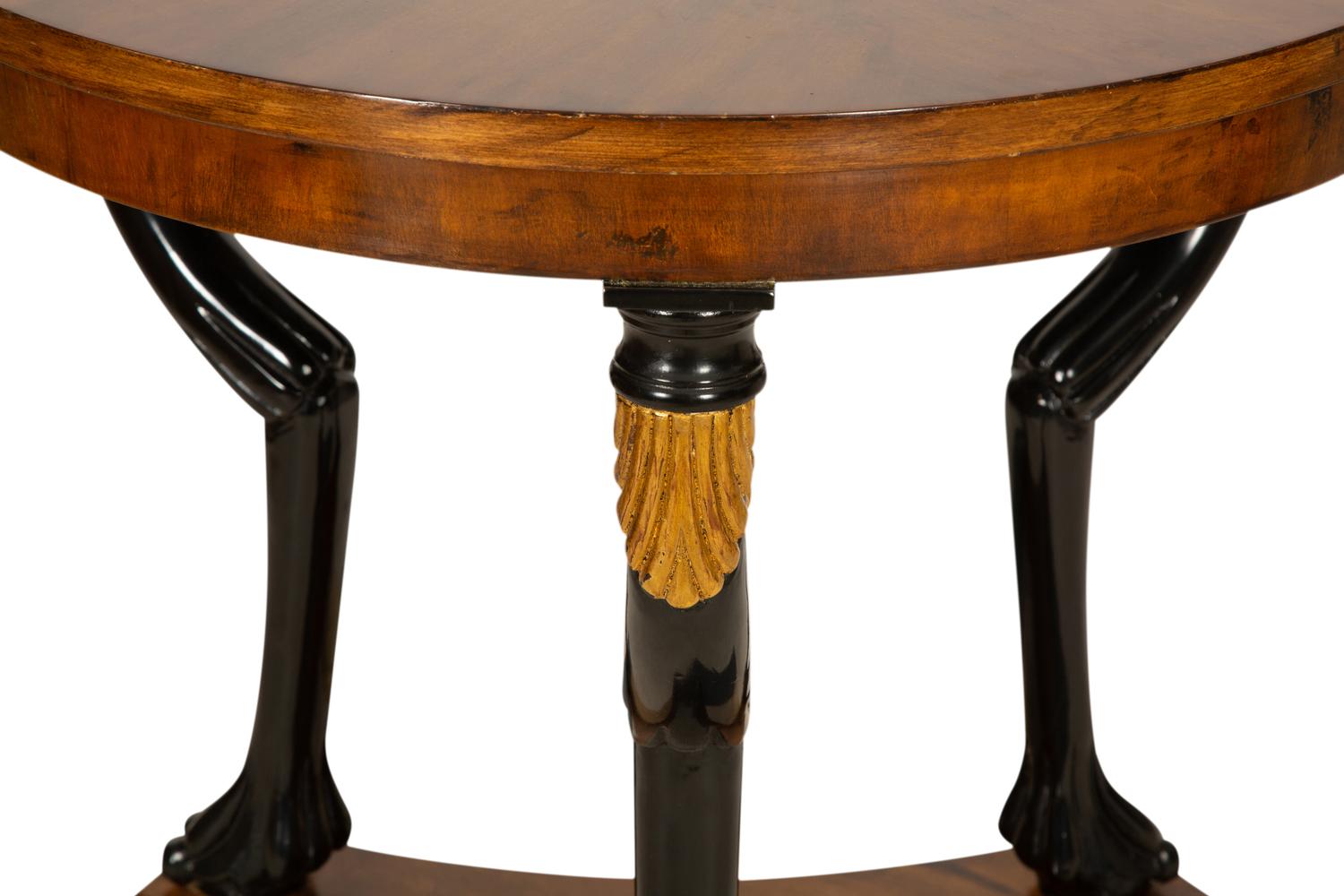 A Pair of Empire Style Walnut, Black Lacquer and Parcel Gilt Side Tables