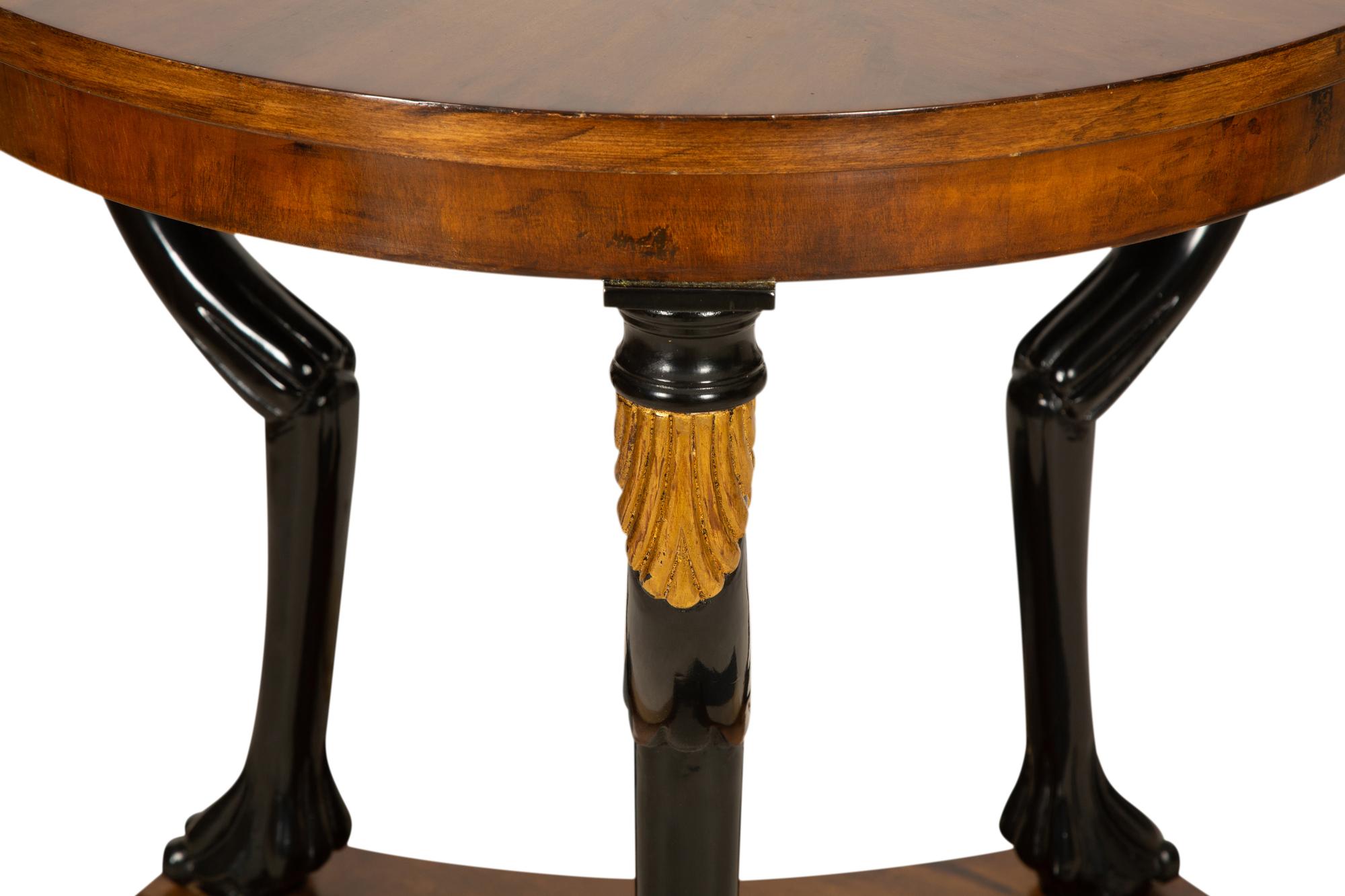 A Pair of Empire Style Walnut, Black Lacquer and Parcel Gilt Side Tables