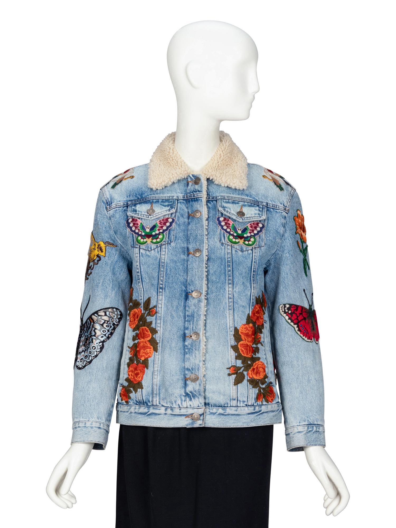 GUCCI, EMBROIDERED SHEARLING-DENIM JACKET