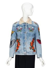 GUCCI, EMBROIDERED SHEARLING-DENIM JACKET