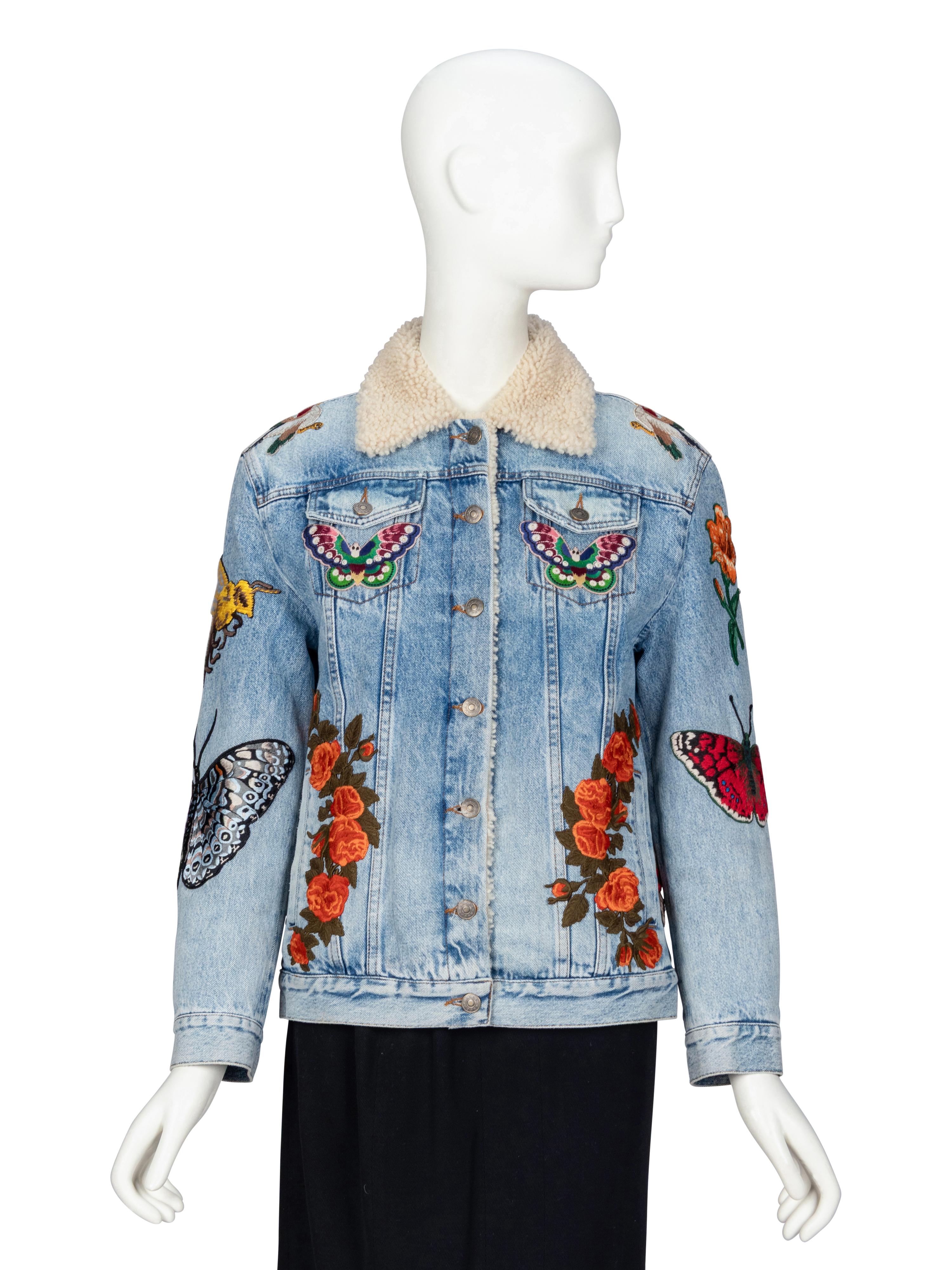 GUCCI, EMBROIDERED SHEARLING-DENIM JACKET