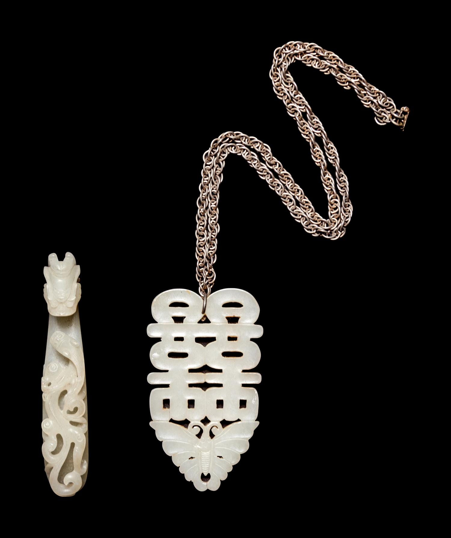 A White Jade 'Dragon' Belt Hook and A White Jade 'Double Happiness' Pendant