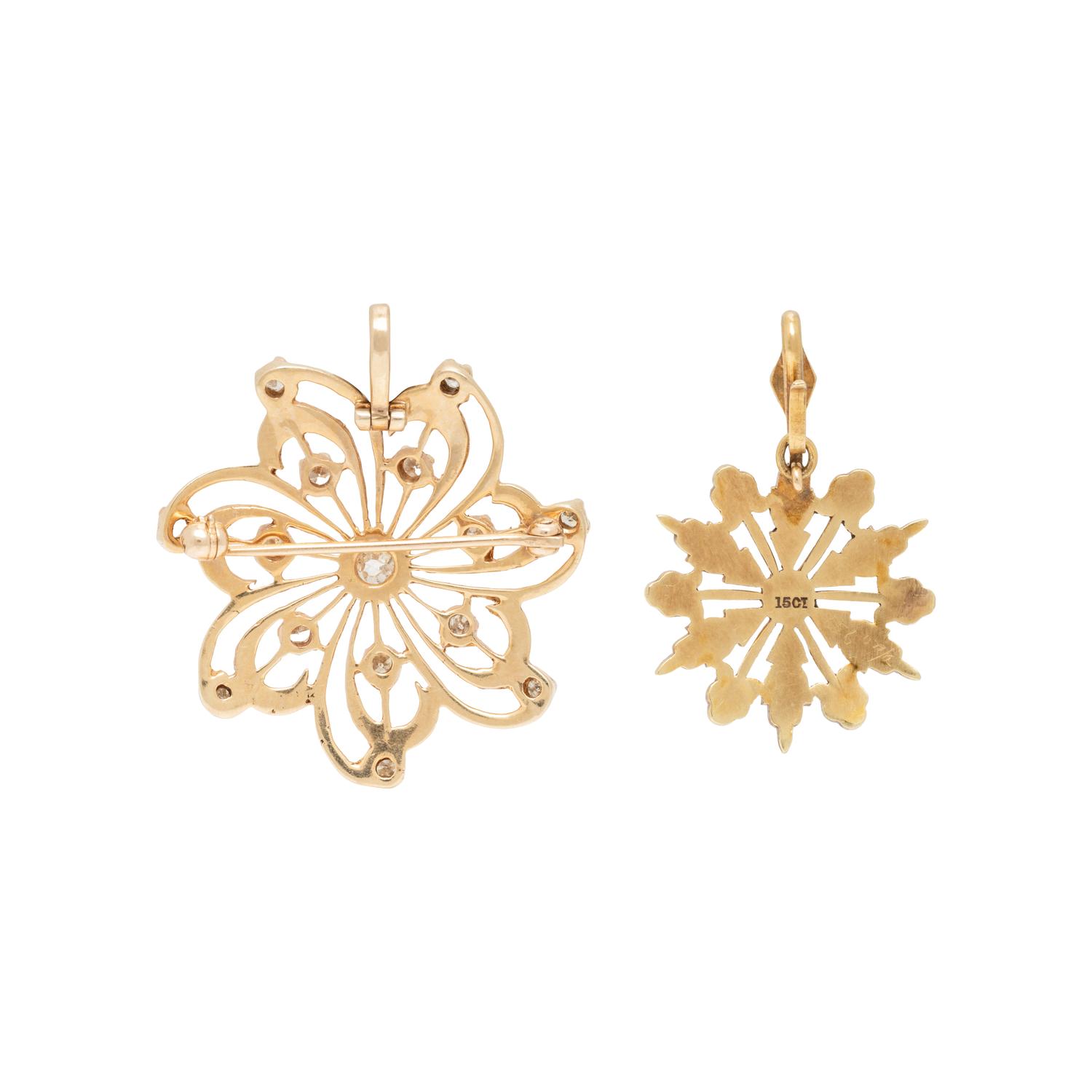 TWO YELLOW GOLD, DIAMOND AND TREATED TURQUOISE PINWHEEL PENDANTS