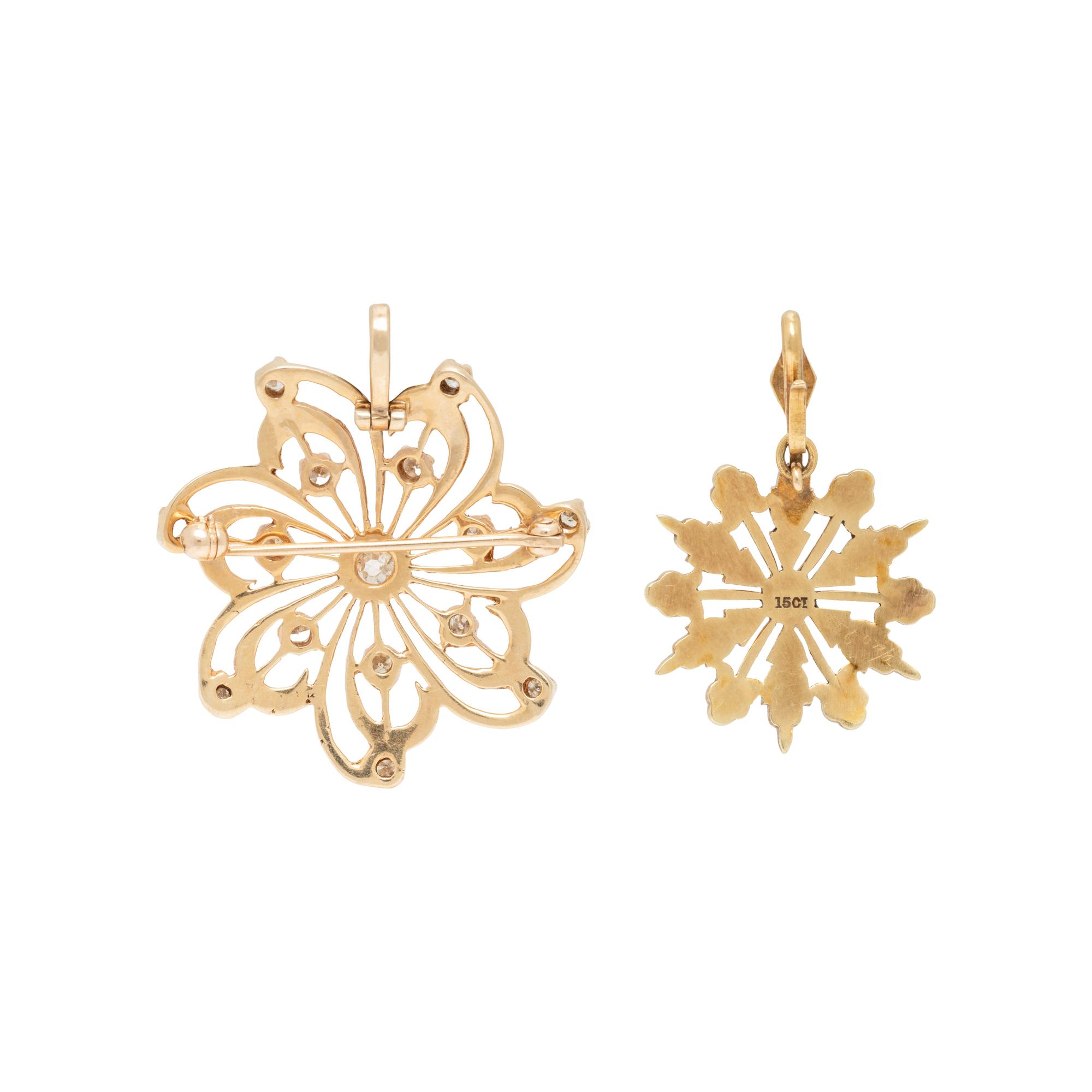 TWO YELLOW GOLD, DIAMOND AND TREATED TURQUOISE PINWHEEL PENDANTS