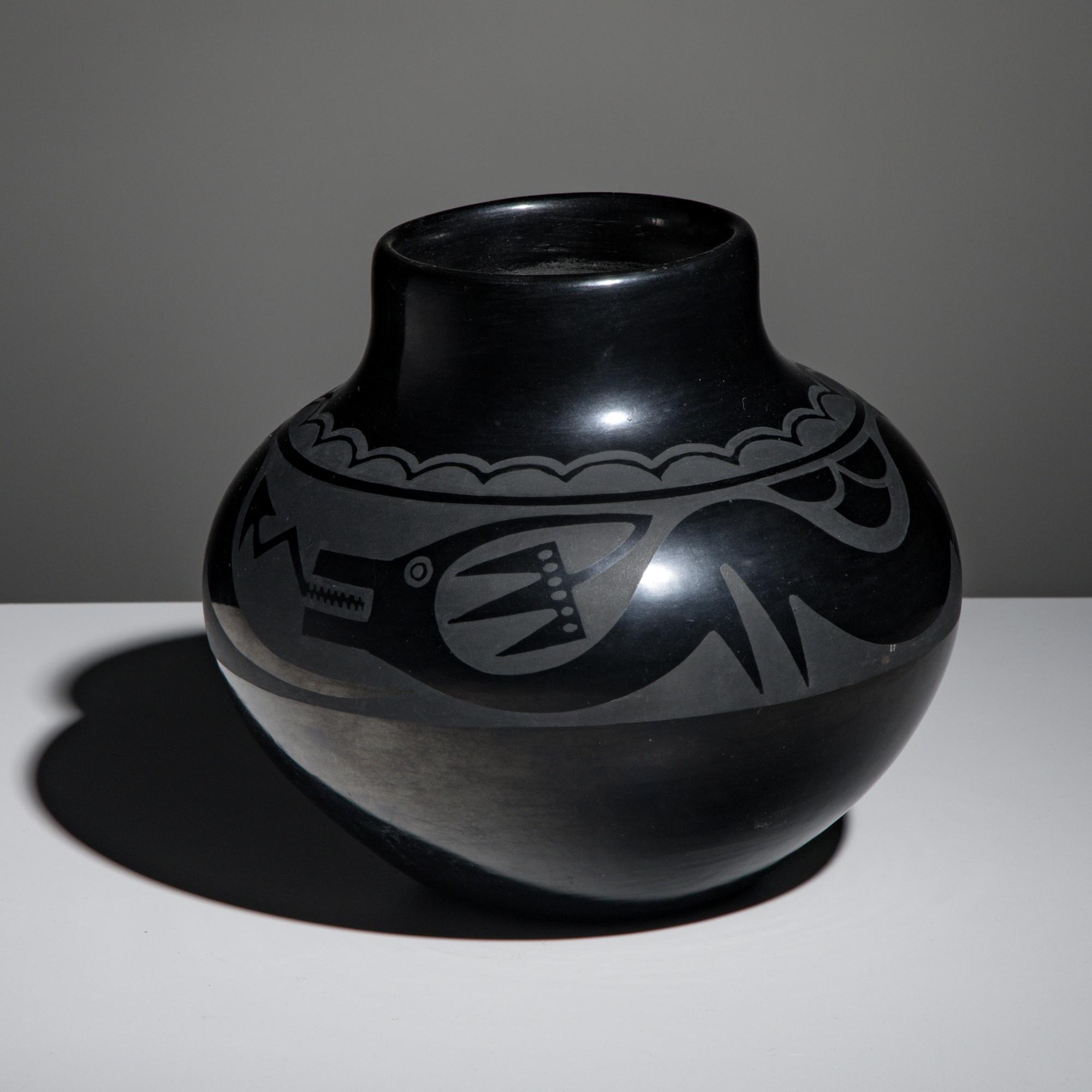Maria Martinez and Popovi Da (San Ildefonso, 1887-1980 / 1923-1971) — Blackware Pottery Jar, with Avanyu April 1962