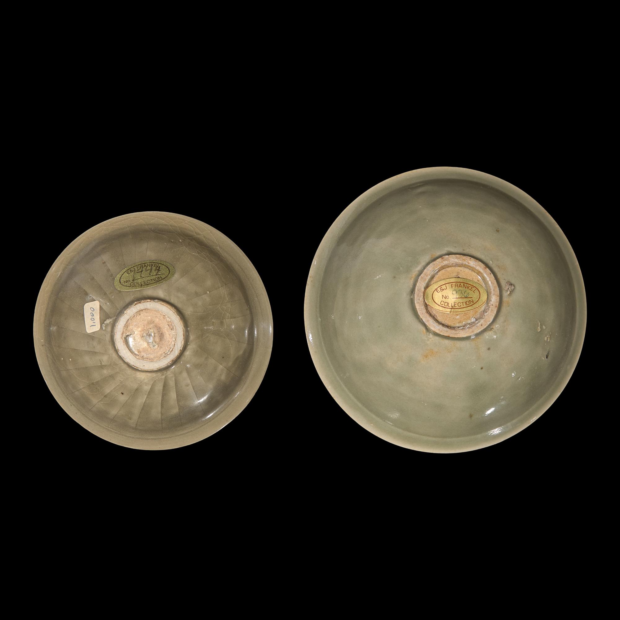 Two Chinese Molded Yaozhou Celadon Bowls, Possibly Northern Song Dynasty 或為北宋 耀州窯刻划花碗兩隻