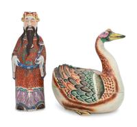A Chinese Polychromed Sanxing God of Prosperity Figure and a Mottahedeh Ceramic Goose Tureen