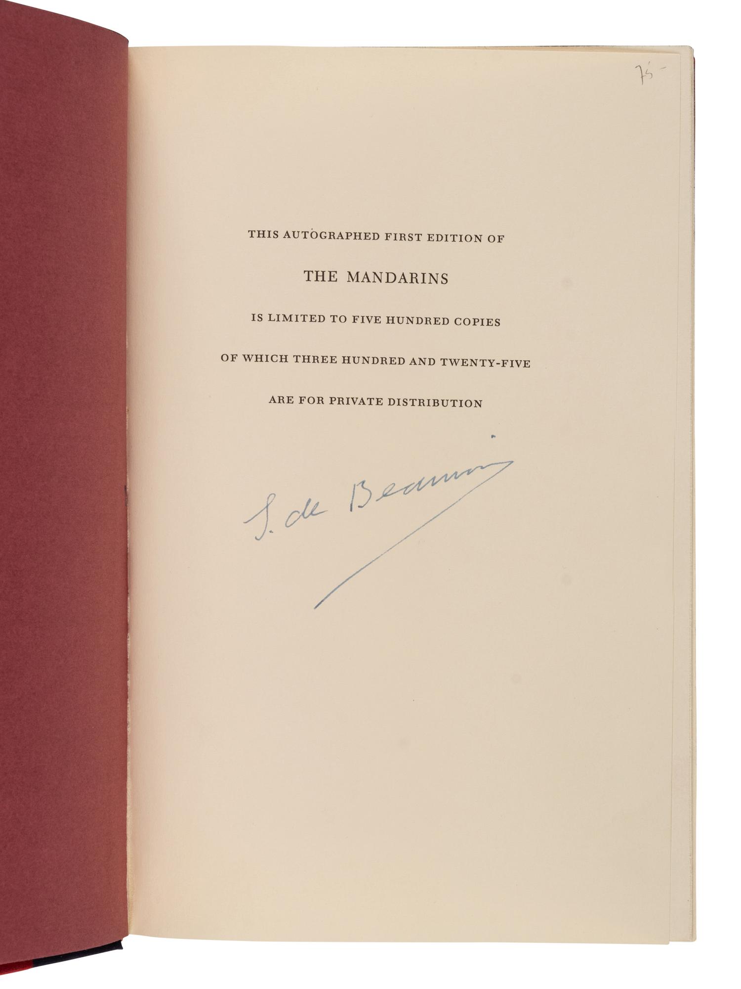BEAUVOIR, Simone de (1908-1986). The Mandarins . Cleveland and New York: The World Publishing Company, 1956.