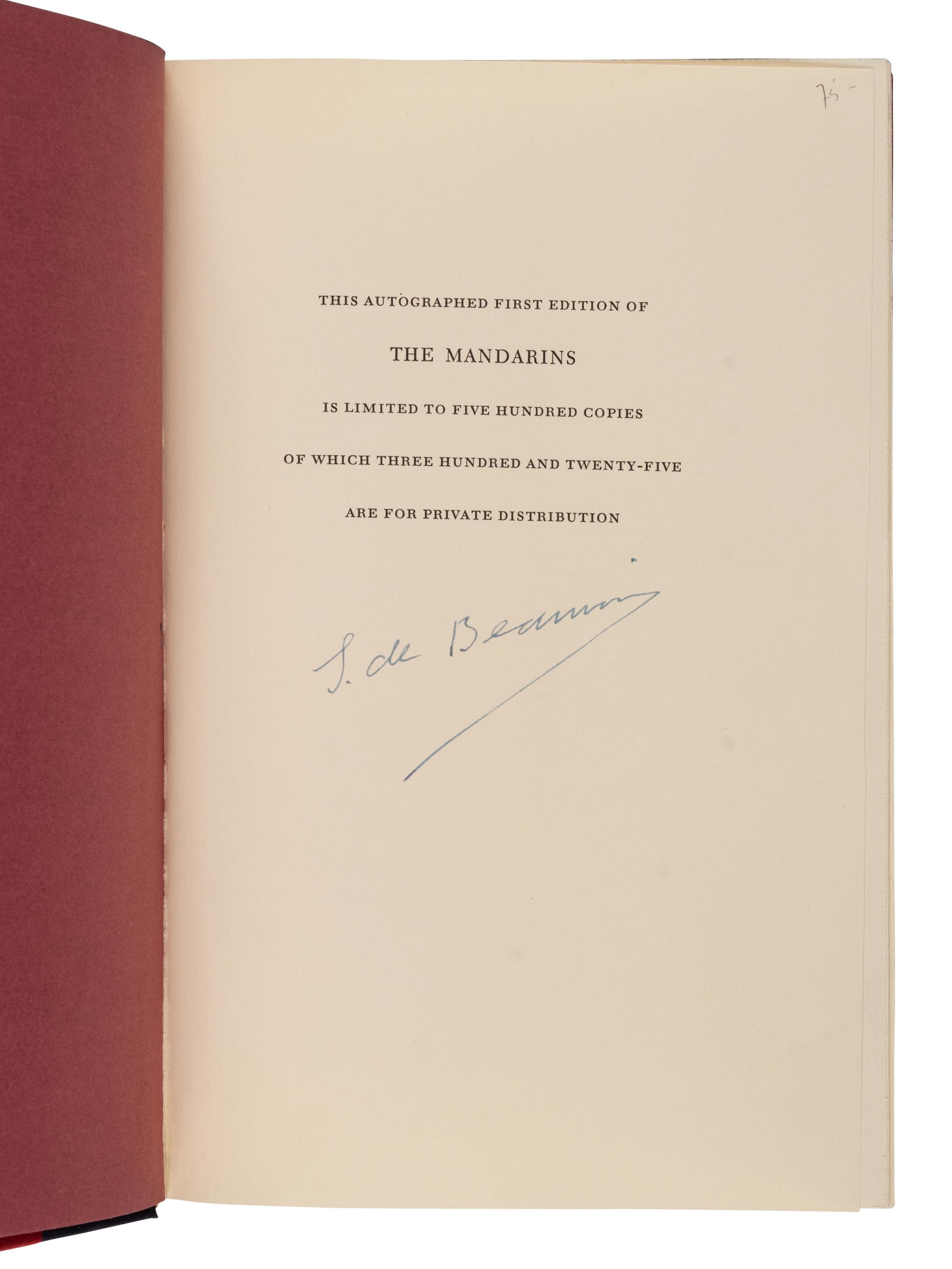 BEAUVOIR, Simone de (1908-1986). The Mandarins . Cleveland and New York: The World Publishing Company, 1956.