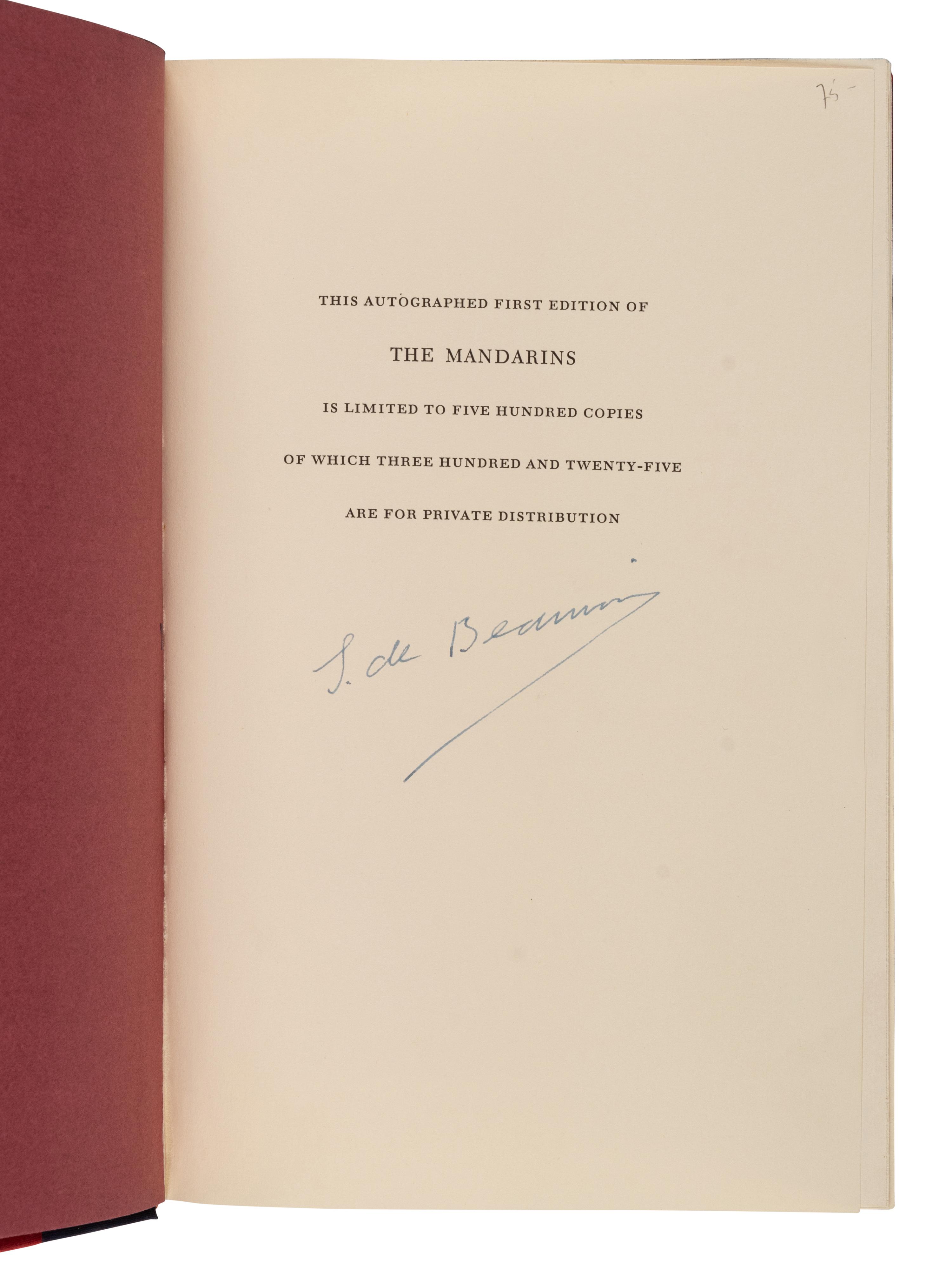 BEAUVOIR, Simone de (1908-1986). The Mandarins . Cleveland and New York: The World Publishing Company, 1956.