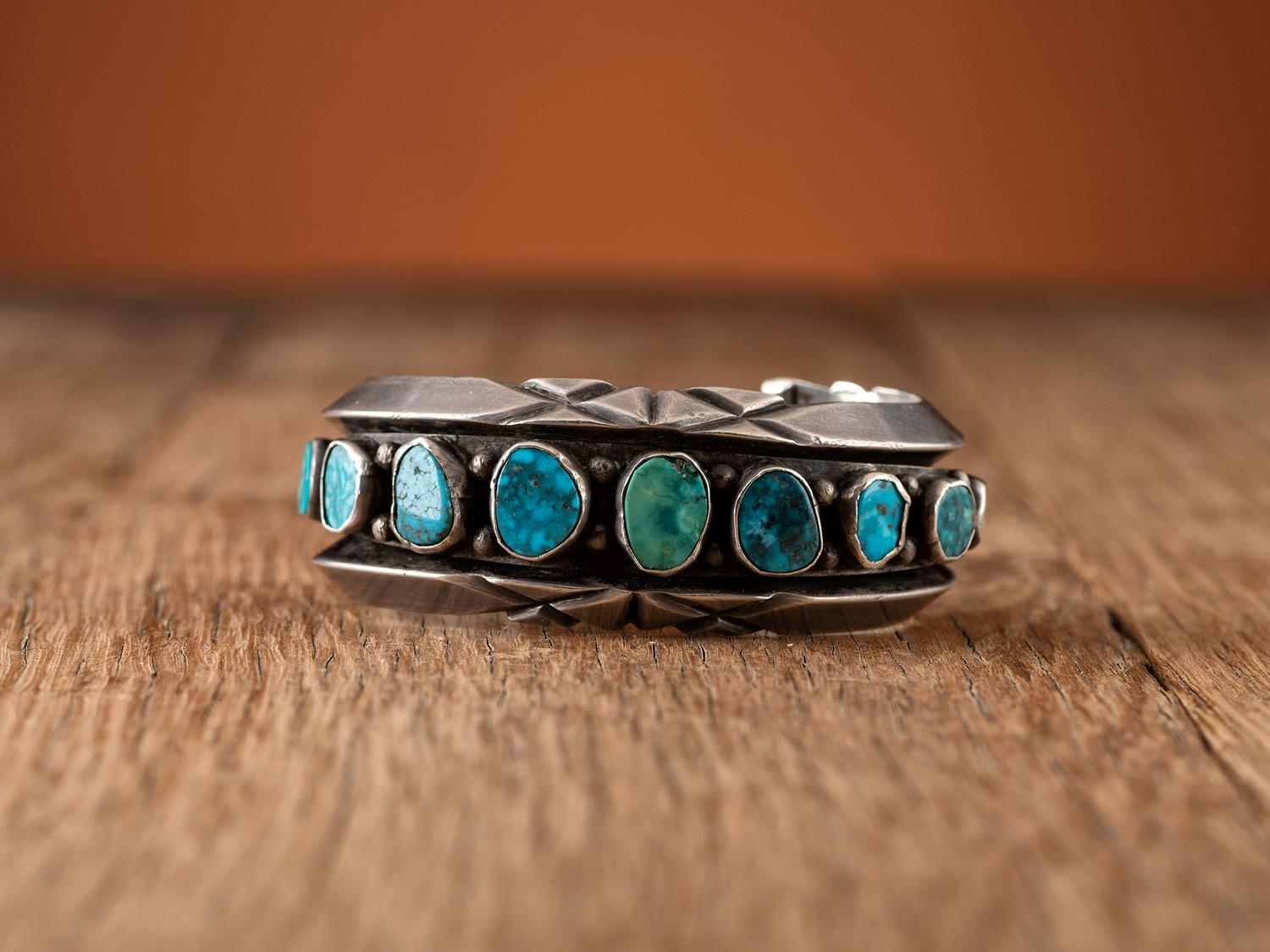 Heavy Navajo Silver and Turquoise Cuff Bracelet