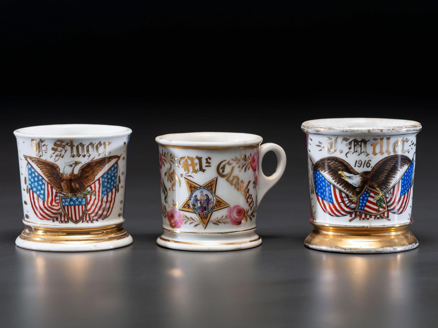 Three Veteran's Porcelain Shaving Mugs