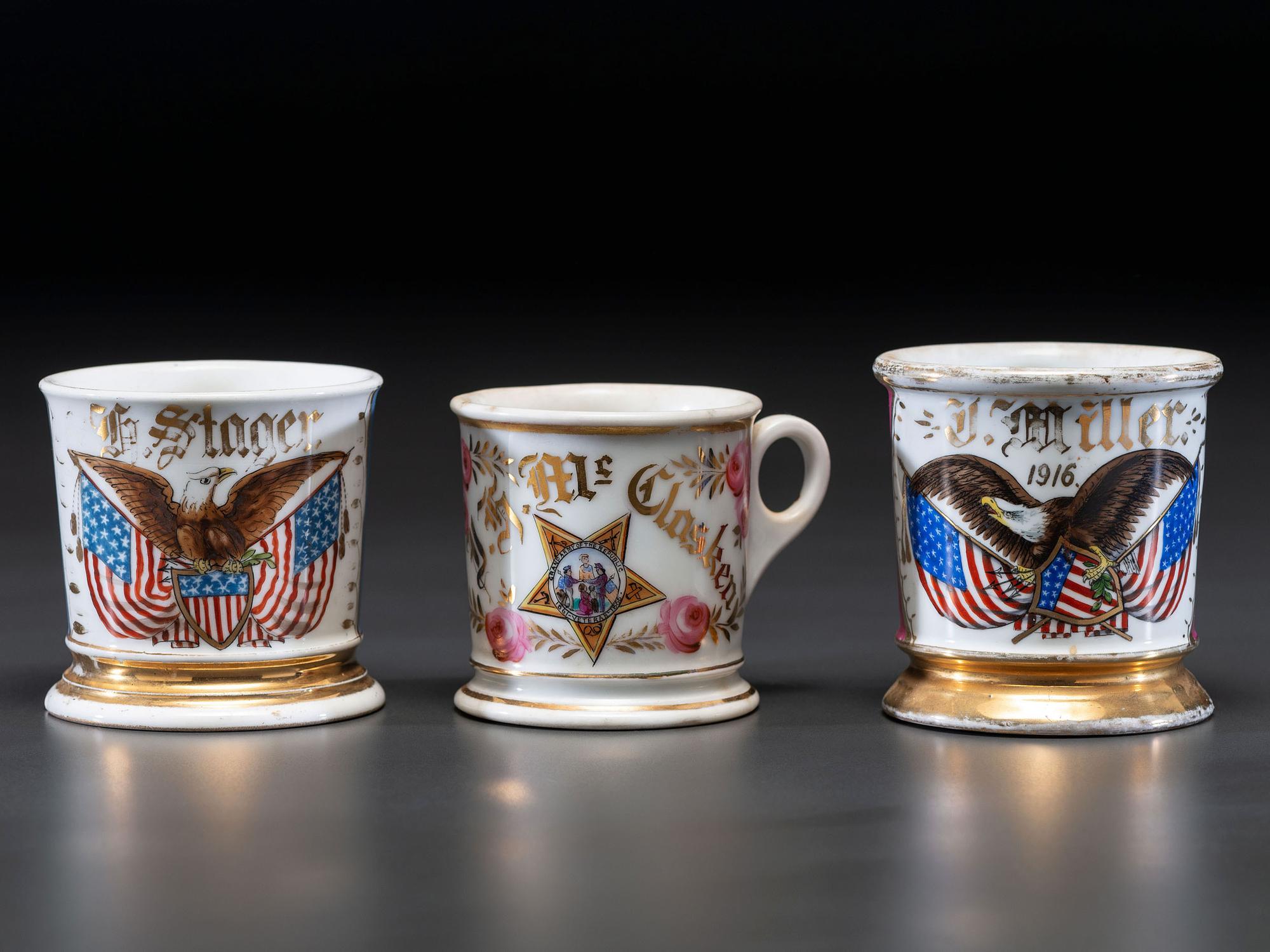 Three Veteran's Porcelain Shaving Mugs