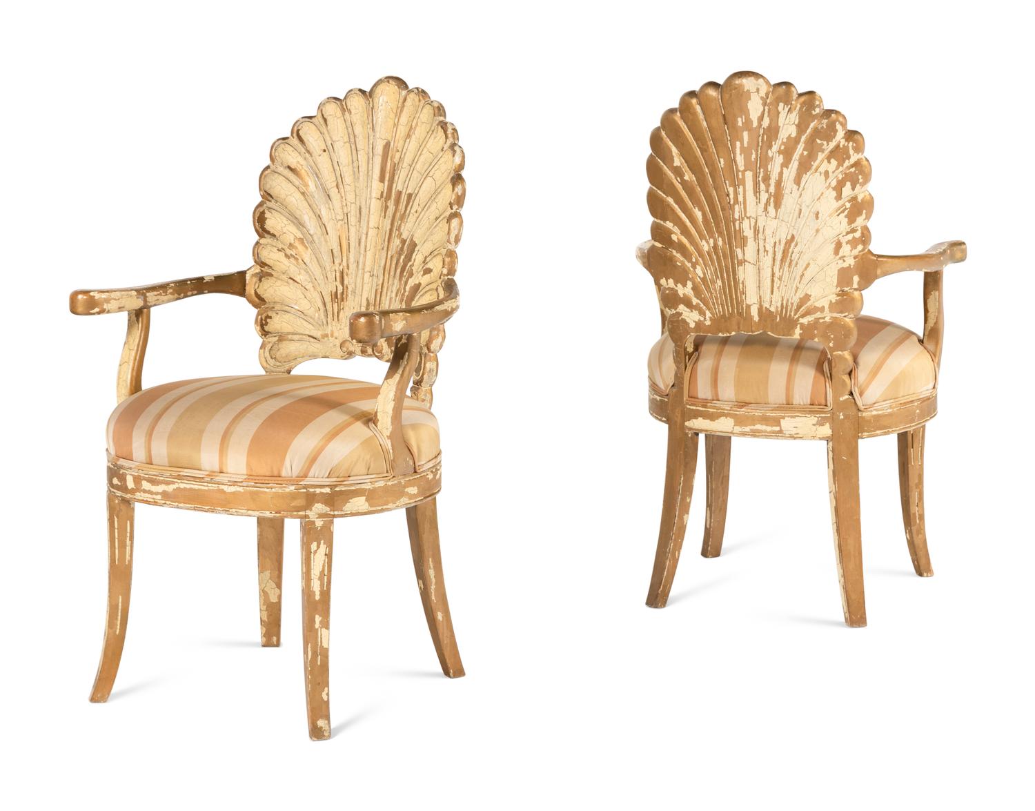 A Pair of Italian Carved Grotto Shellback Chairs