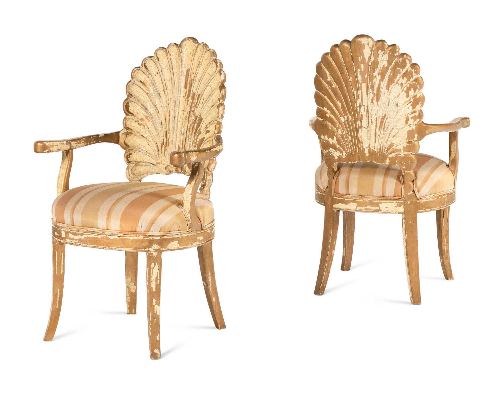 A Pair of Italian Carved Grotto Shellback Chairs