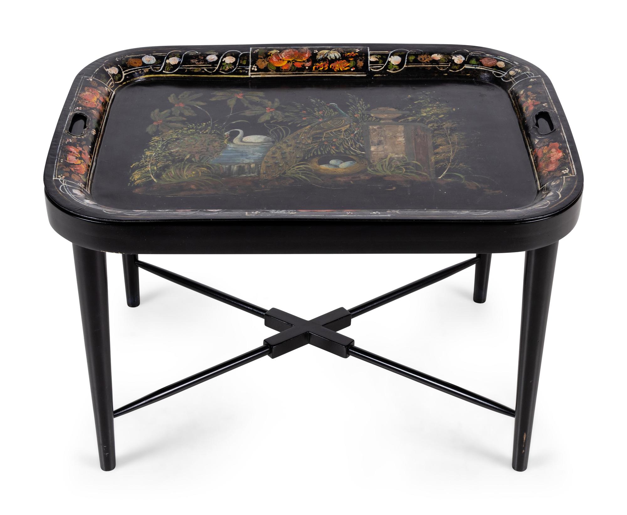 A Victorian Tole Tray on a Later Stand