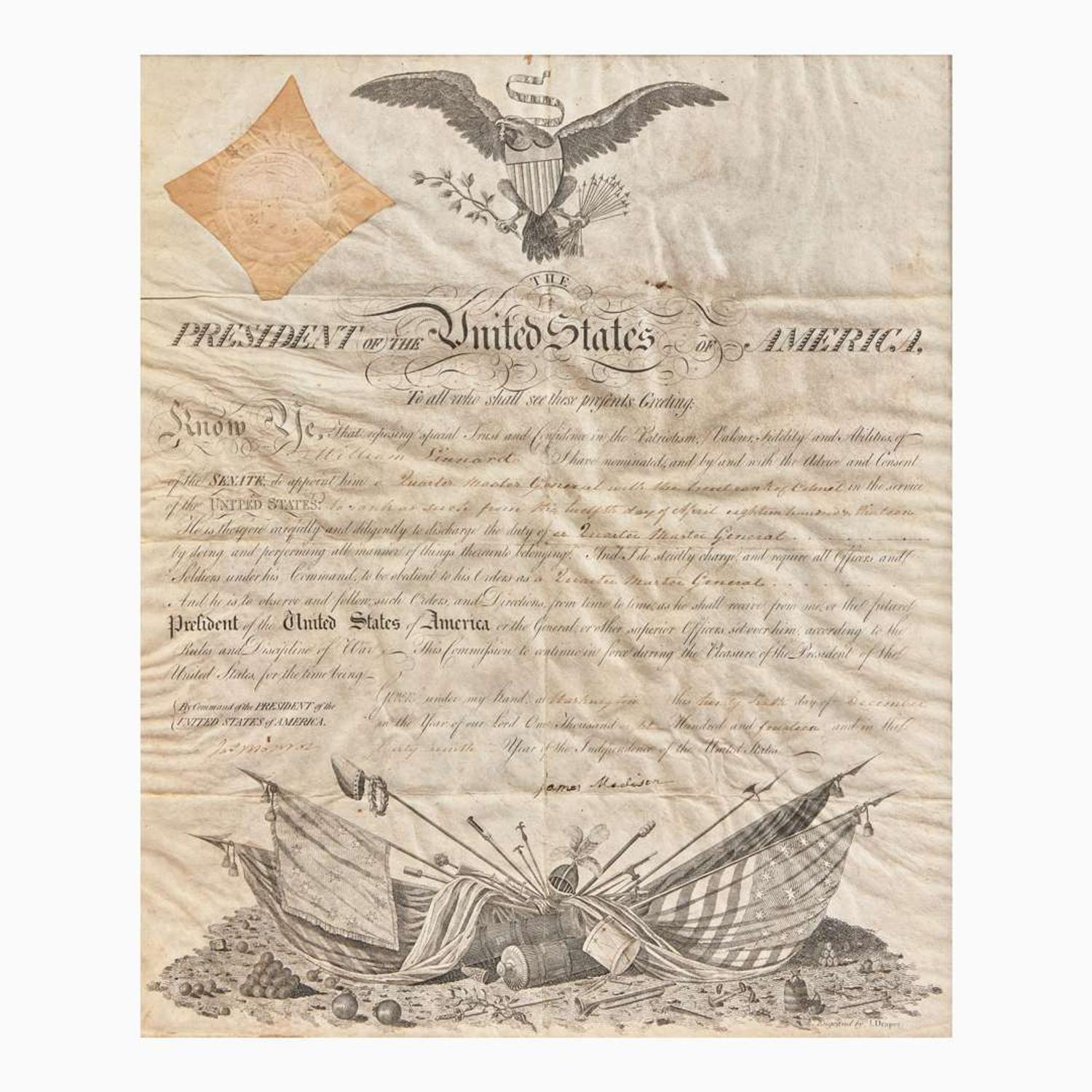 [Presidential] Madison, James, and James Monroe Partially-Printed Military Commission, signed