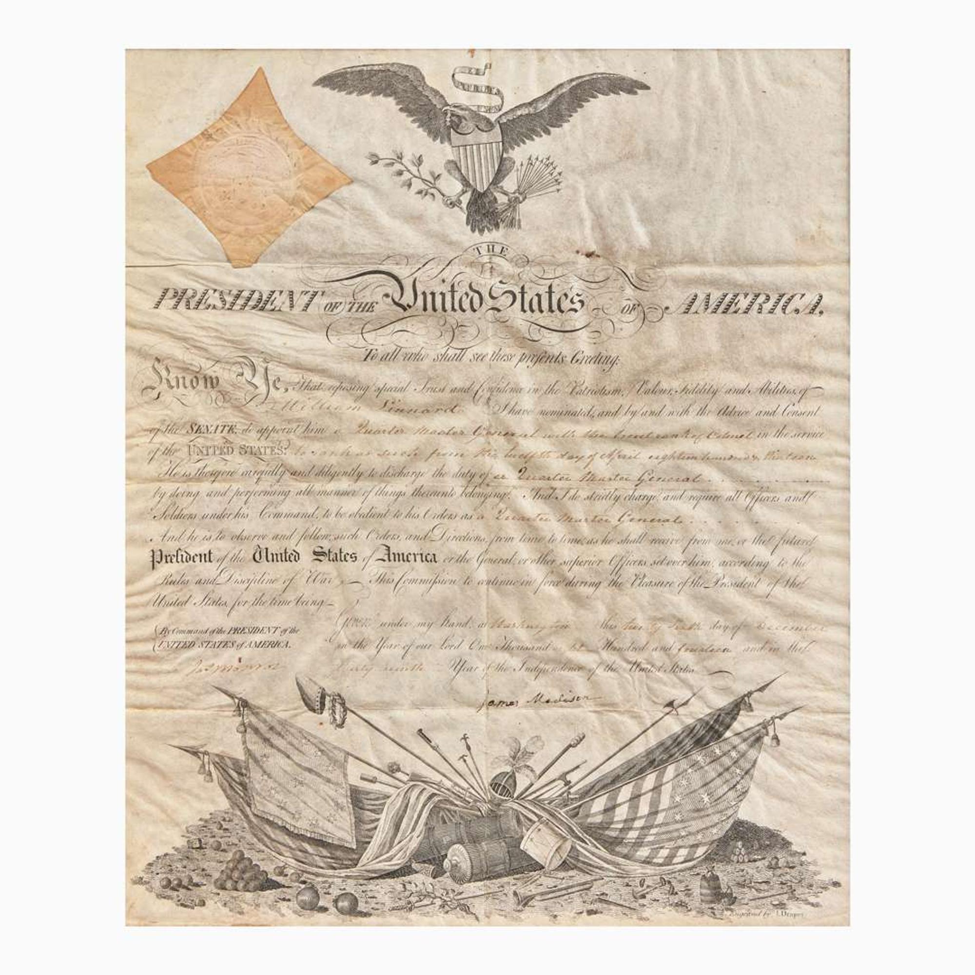 [Presidential] Madison, James, and James Monroe Partially-Printed Military Commission, signed