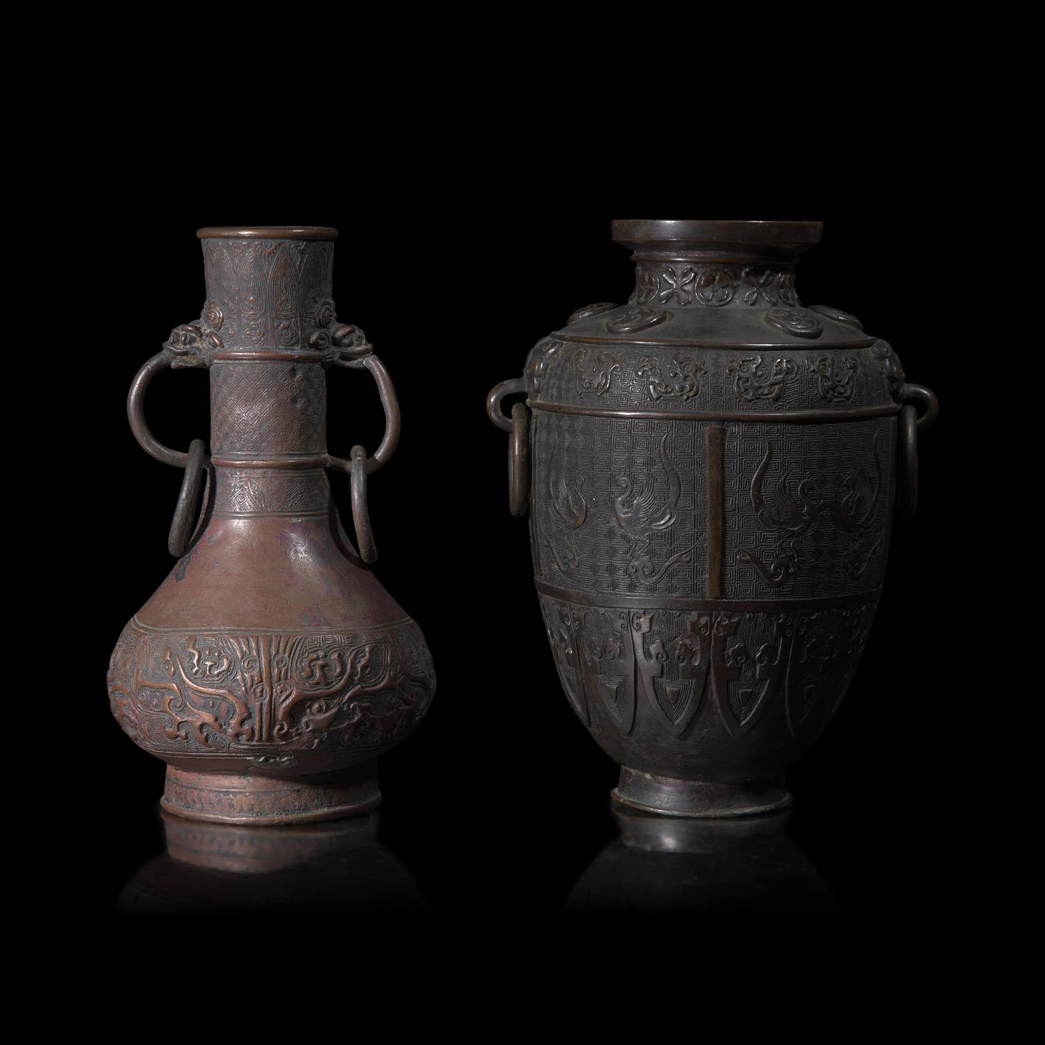 Two Japanese Bronze Archaistic Vases, Edo to Meiji Period