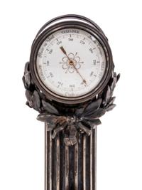 A Cartier Louis XVI Style Silver-Gilt and Guilloché Enamel Desk Clock and Barometer