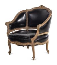 A Louis XV Style Painted and Black Leather Upholstered Bergère