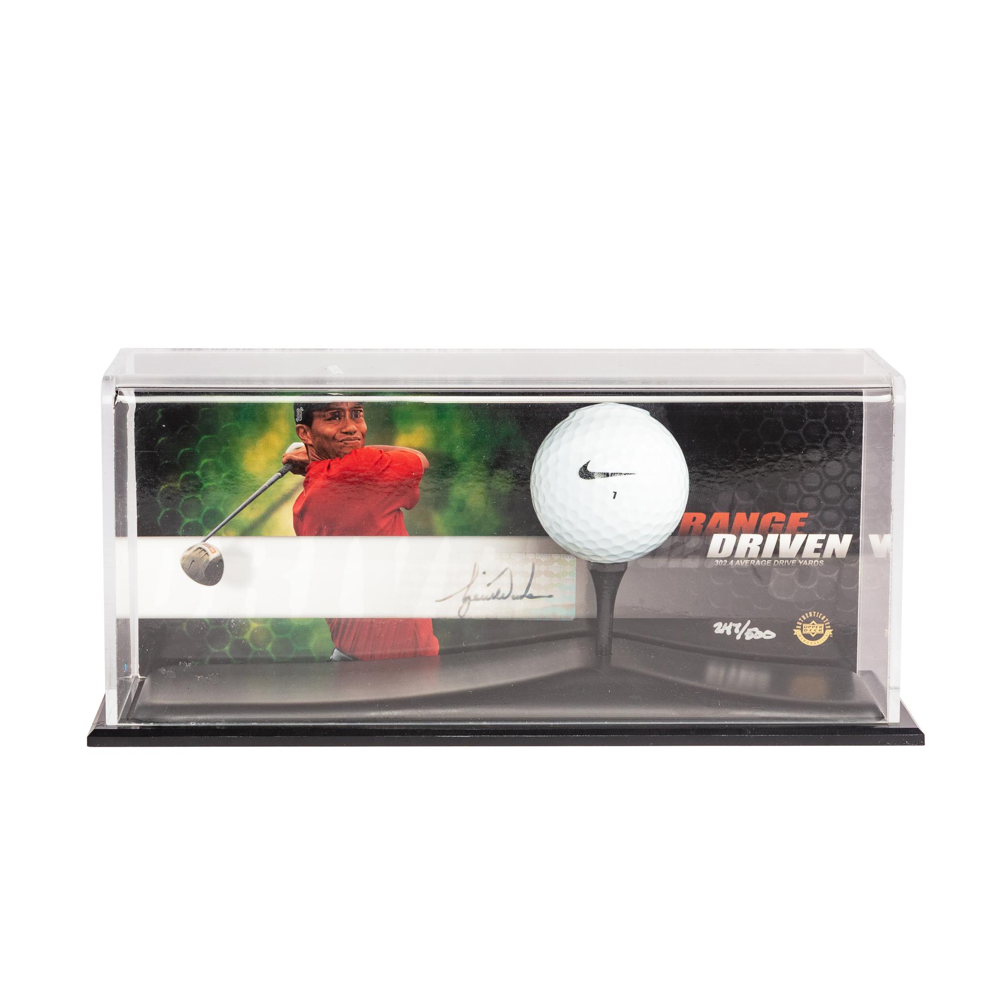 An Upper Deck Tiger Woods Range Drive Golf Ball Signed Autograph Display