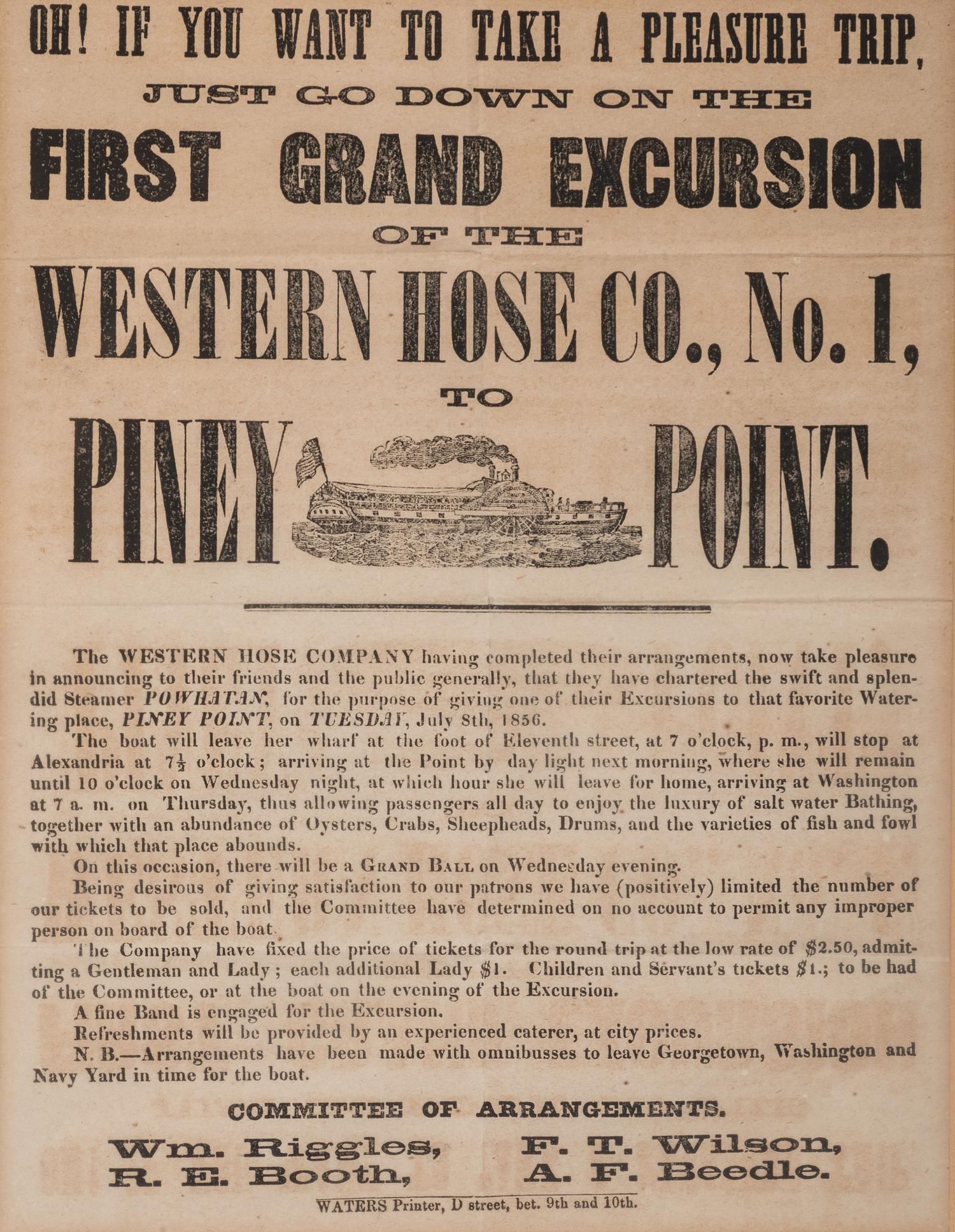 [TRANSPORTATION]. First Grand Excursion of the Western Hose Co., No. 1, to Piney Point . [Washington, D.C.]: Waters, 1856.