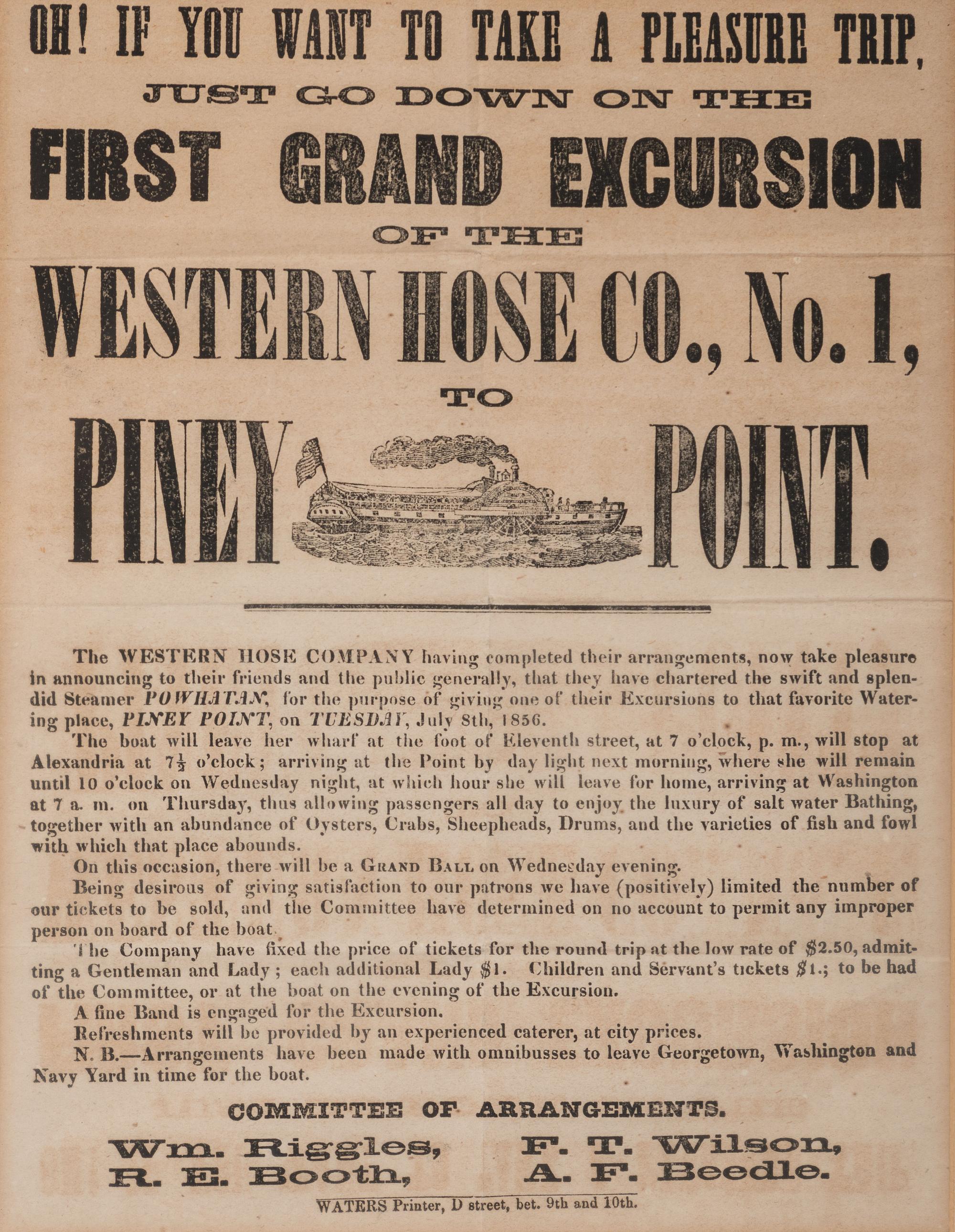 [TRANSPORTATION]. First Grand Excursion of the Western Hose Co., No. 1, to Piney Point . [Washington, D.C.]: Waters, 1856.