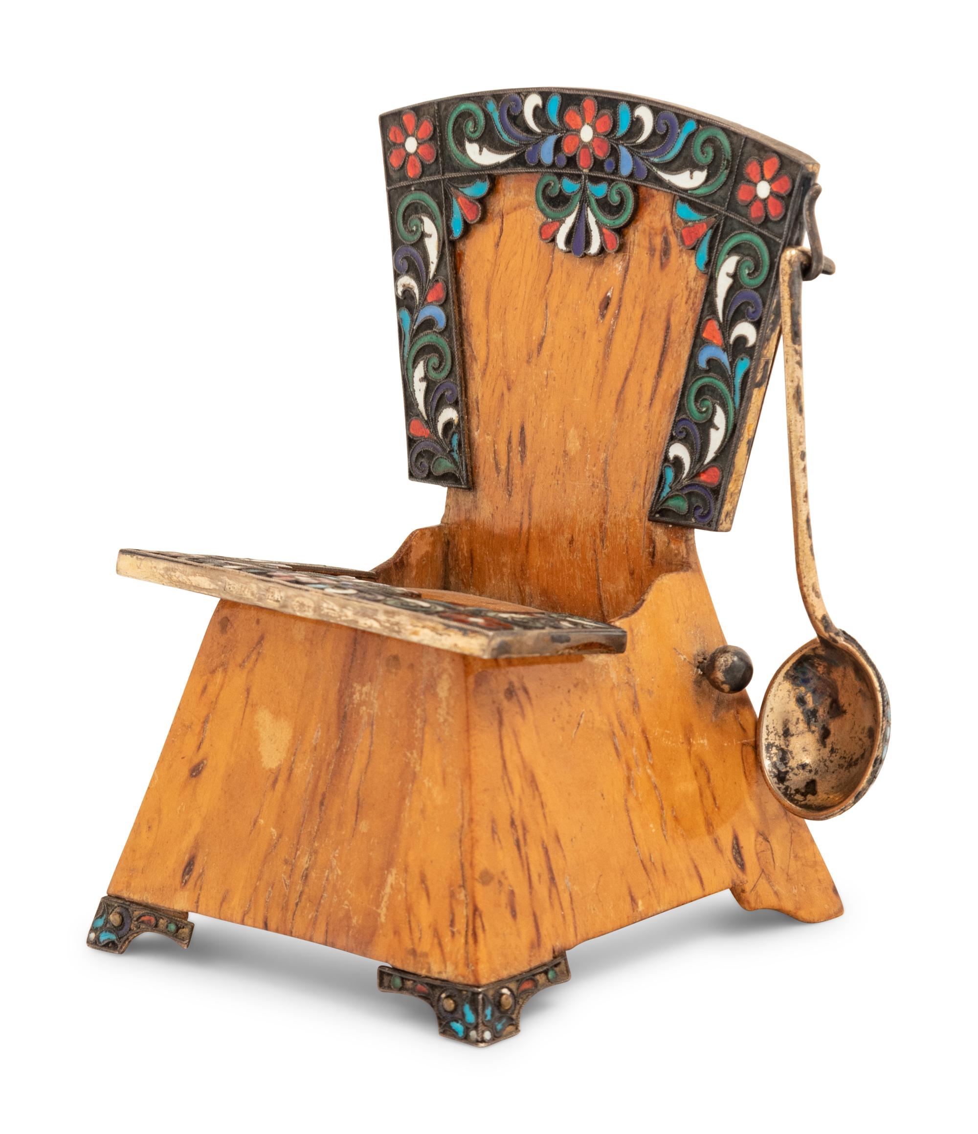A Russian Silver, Cloisonné Enamel and Birch Throne Salt