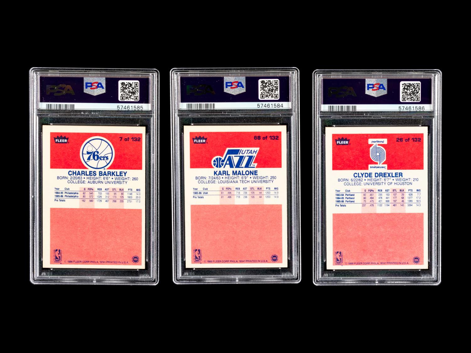 A Group of 1986 Fleer Charles Barkley, Clyde Drexler and Karl Malone PSA Graded Rookie Basketball Cards,