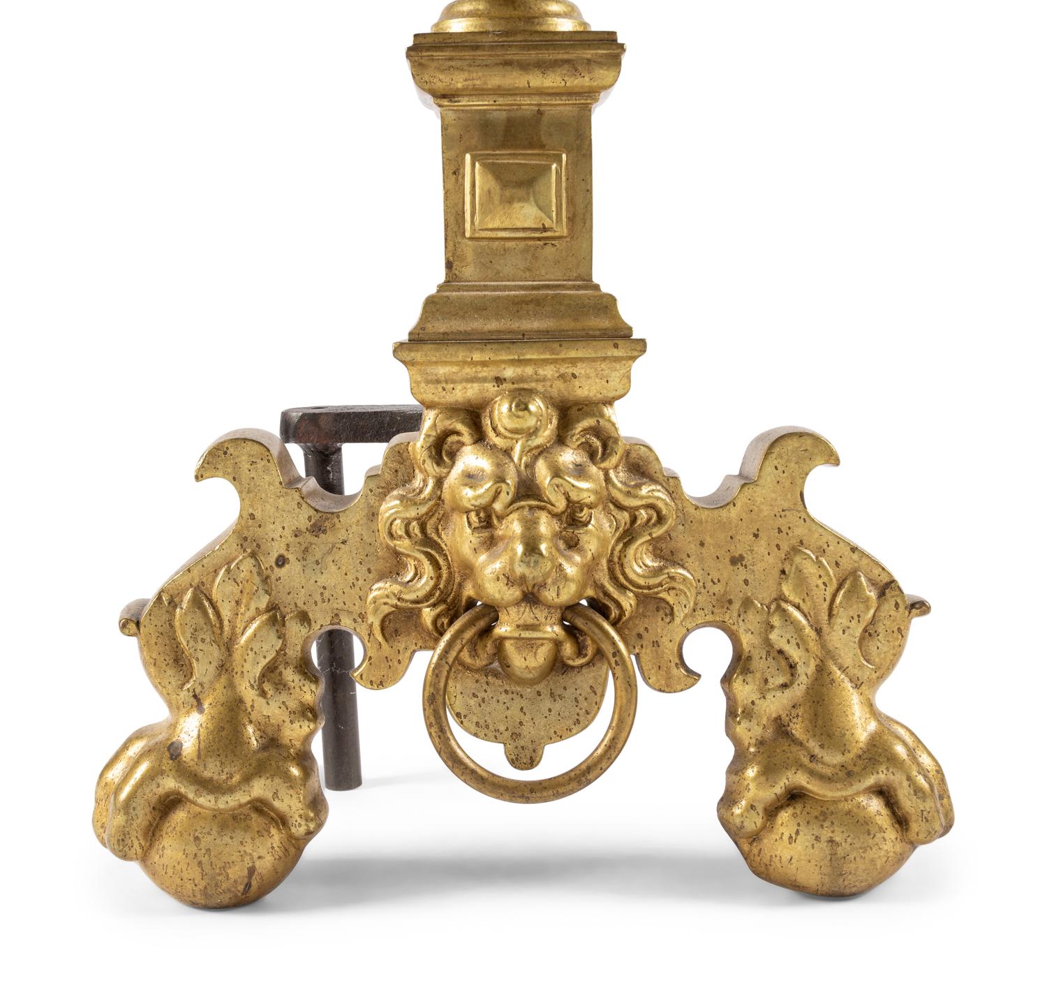 A Pair of Continental Baroque Style Brass Andirons