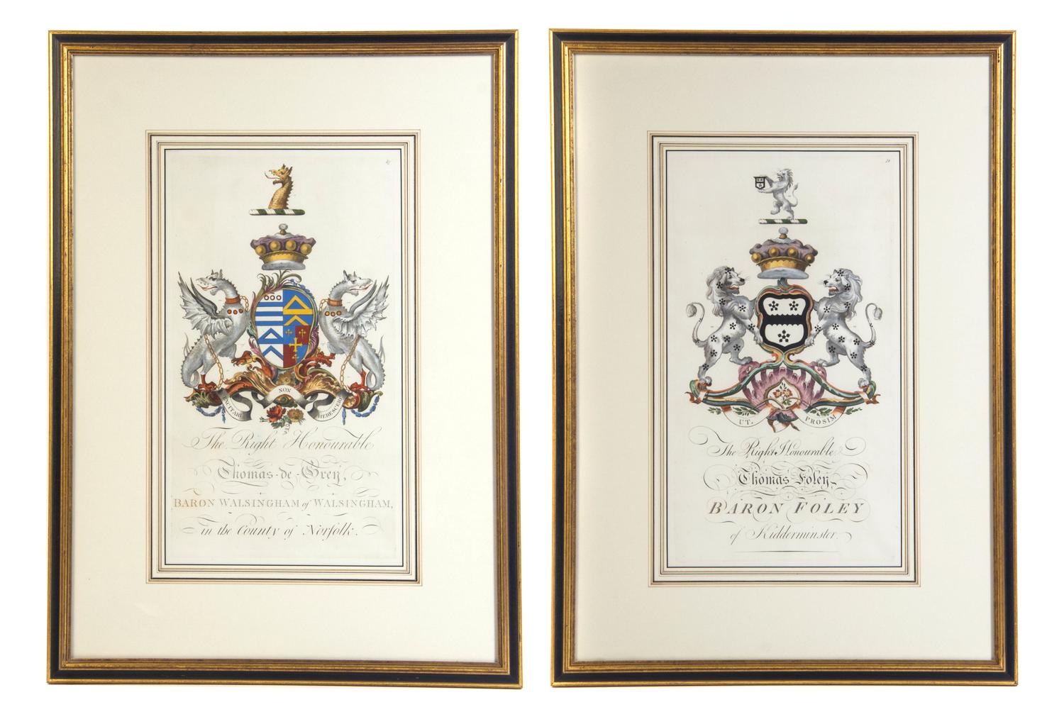 Two English Handcolored Heraldry Engravings, LATE 18TH CENTURY, Plate height 16 5/8 x width 9 1/4 inches. — LATE 18TH CENTURY,