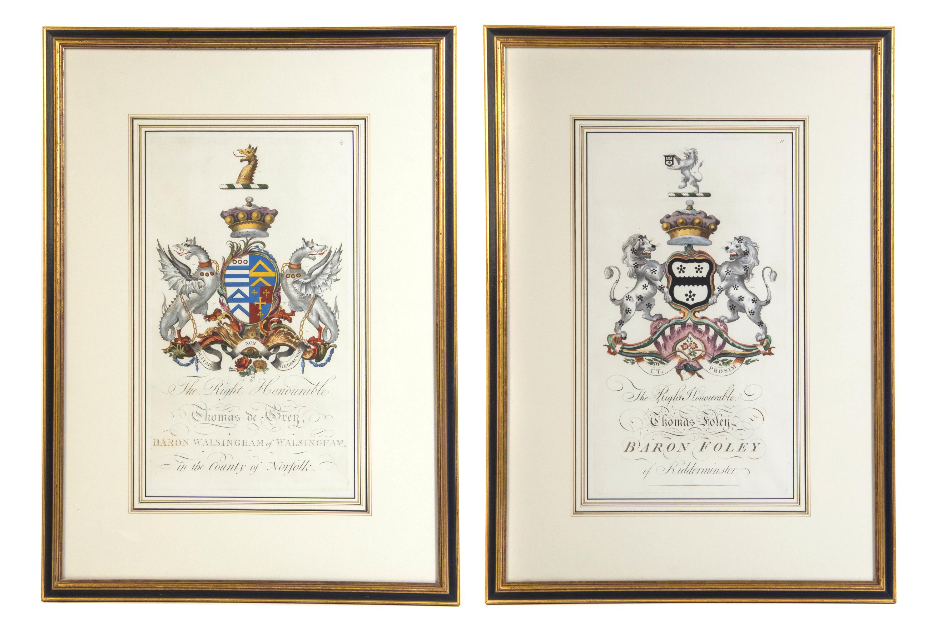 Two English Handcolored Heraldry Engravings, LATE 18TH CENTURY, Plate height 16 5/8 x width 9 1/4 inches. — LATE 18TH CENTURY,