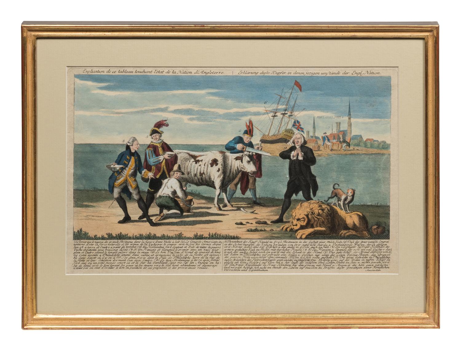 [AMERICAN REVOLUTION]. Explication de ce tableau touchant l’etat de la Nation d’Angleterre | Erklarung dieses Kupfer, in denen jezigen umstande der Engl. Nation. Amsterdam: n.p., [1780?].