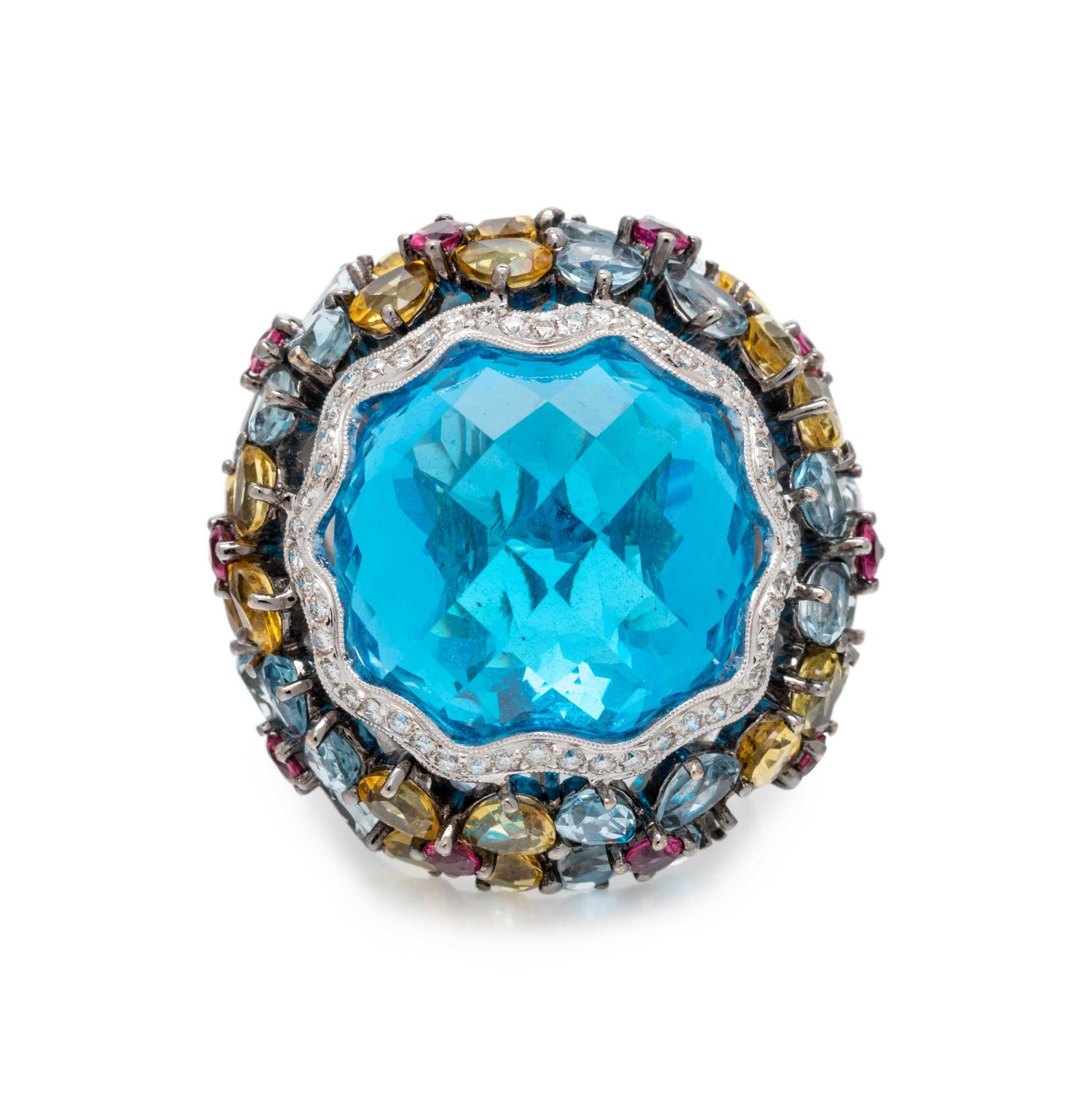 BLUE TOPAZ, DIAMOND AND SAPPHIRE RING