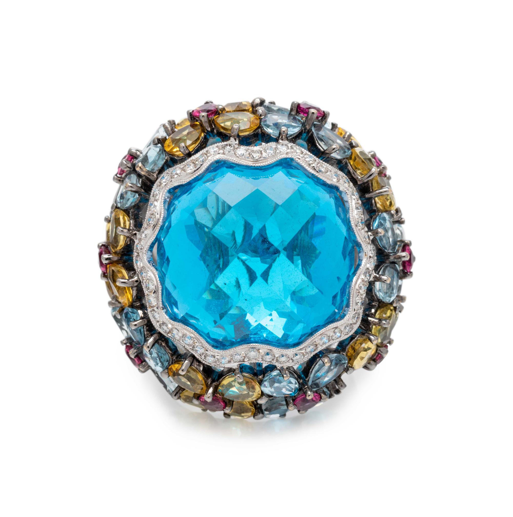 BLUE TOPAZ, DIAMOND AND SAPPHIRE RING