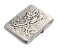 A Russian Silver Cigarette Case, Mark possibly of Fourth Jewelers Artel, Moscow, the lid worked to show a man in combat with lions, hav