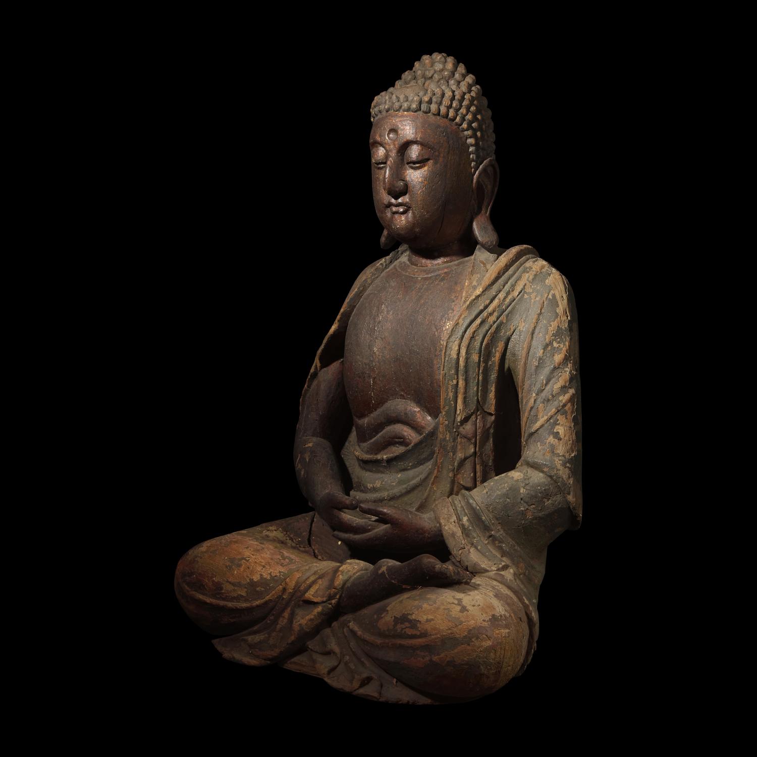 A Large Chinese Seated Parcel-Gilt Carved Wood Figure of the Buddha, Ming Dynasty 明 木雕坐佛