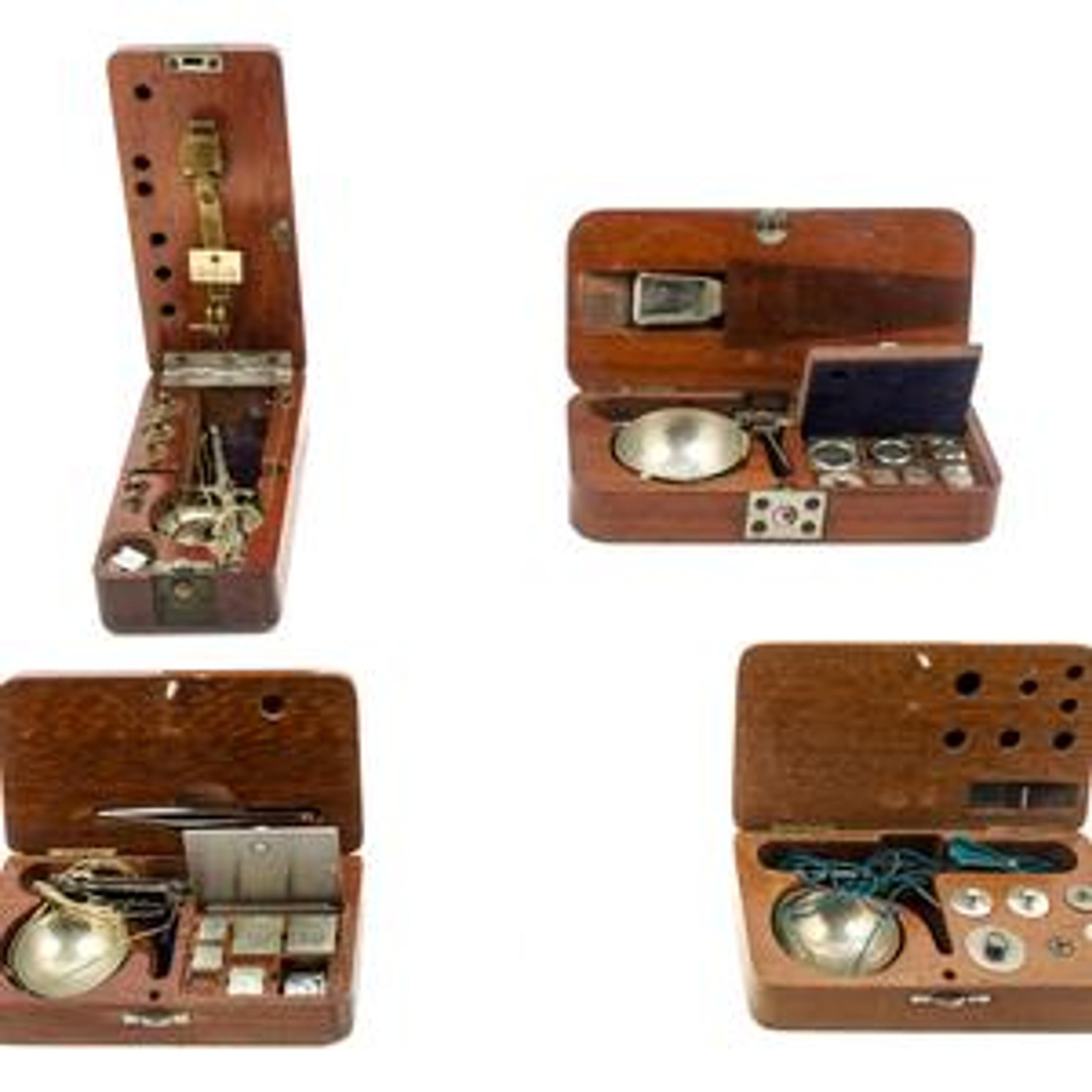 A Group of Four Portable Balance Scales Width of widest 5 1/4 inches.