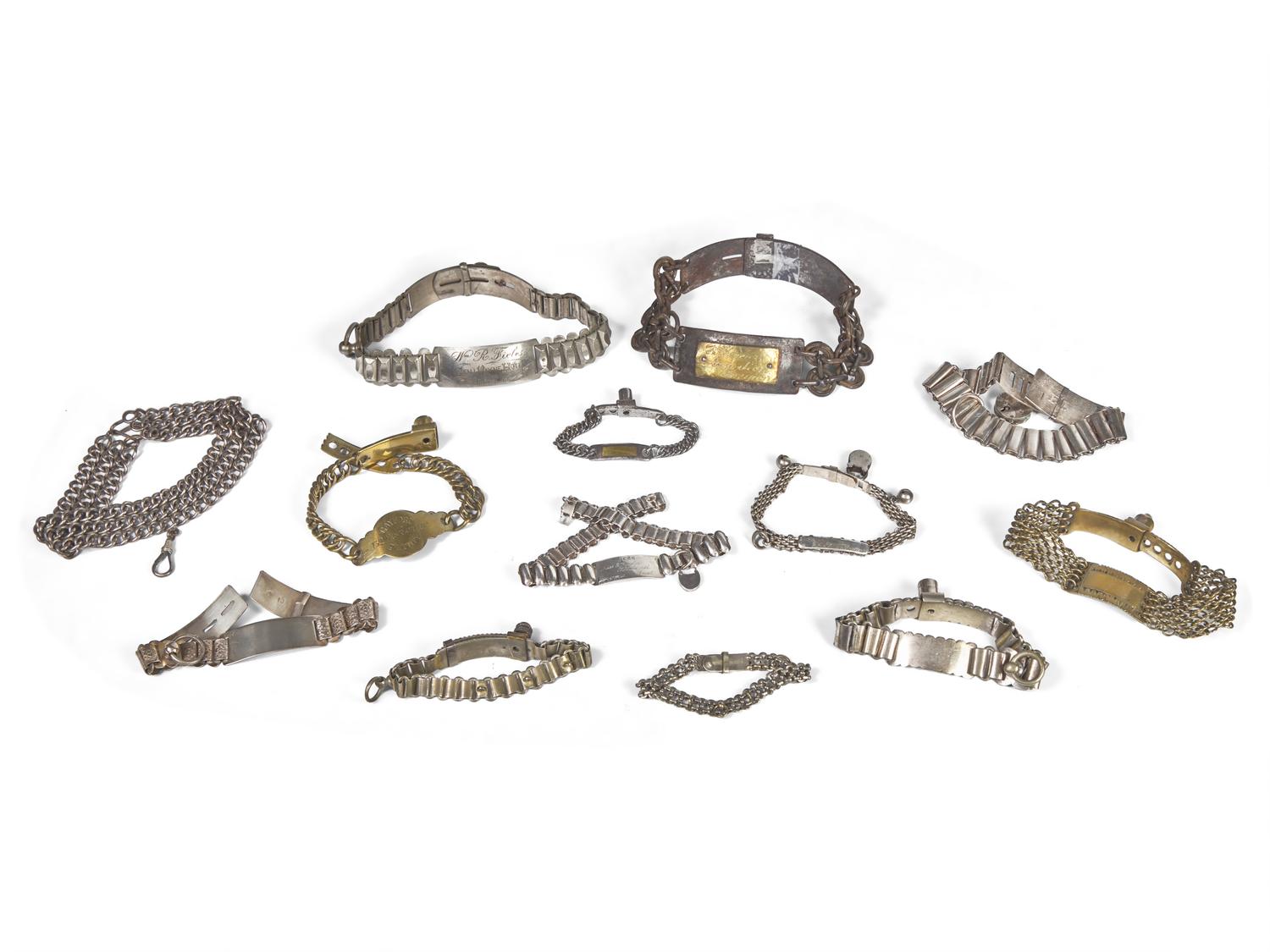 A Group of Thirteen Silver, Brass, Iron, and Mixed Metal Chain Link Dog Collars