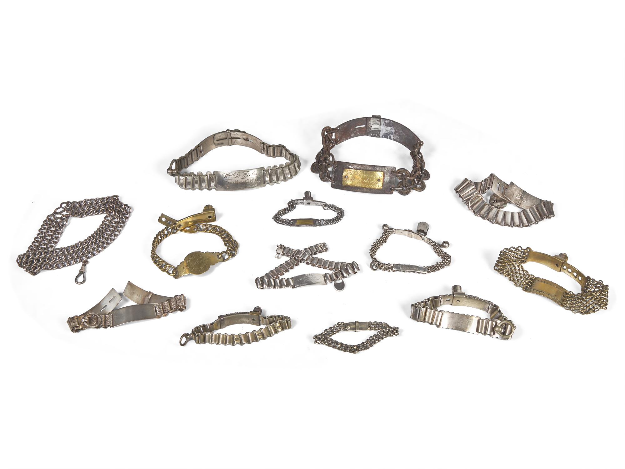 A Group of Thirteen Silver, Brass, Iron, and Mixed Metal Chain Link Dog Collars